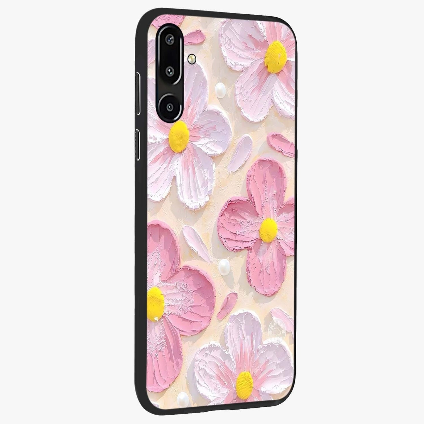 Blush Bloom Texture Glass Case upright view showcasing delicate blush floral texture with modern minimal style.