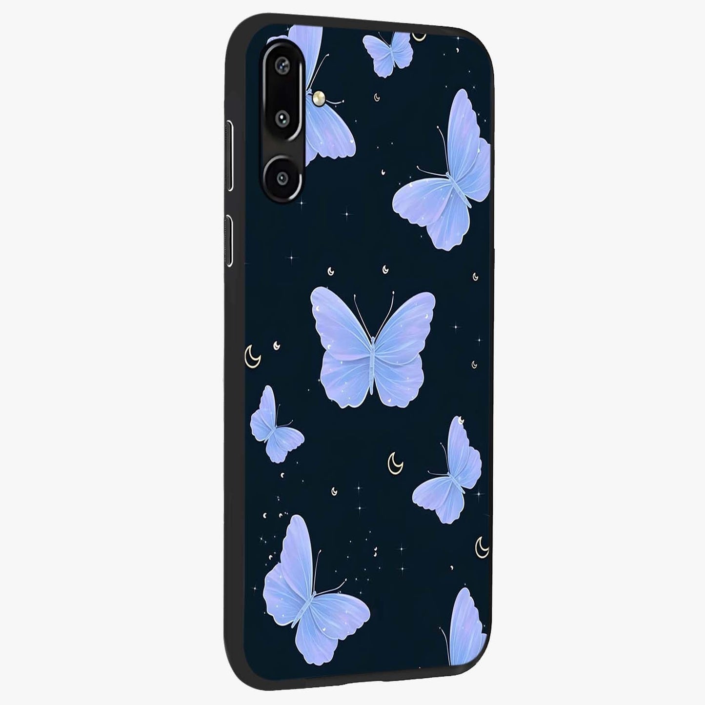 Butterfly With Stars Pattern Glass Case upright view showcasing celestial butterfly artwork with sparkling star elements.