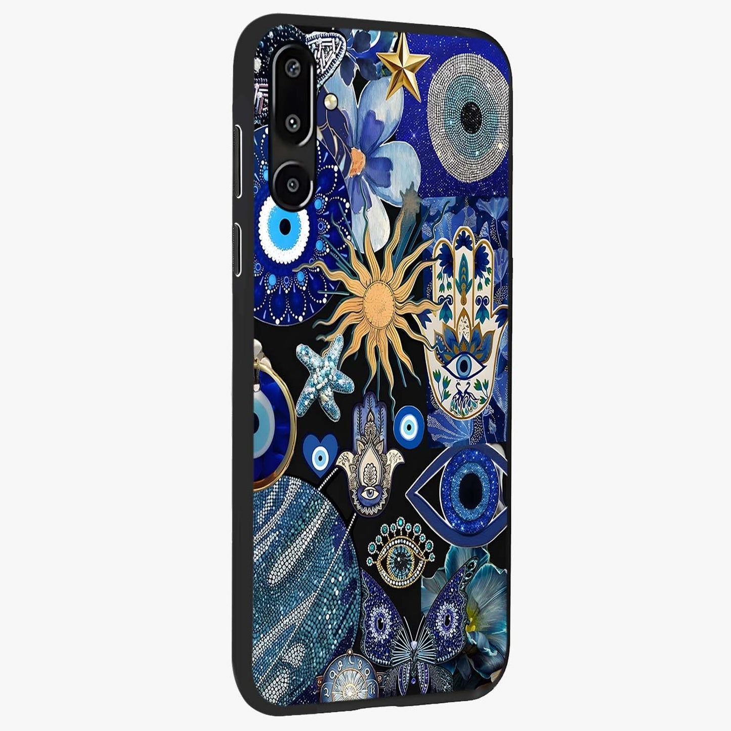 Evil Eye Charm Mix Glass Case upright view showcasing mystical evil eye pattern with vibrant decorative style.