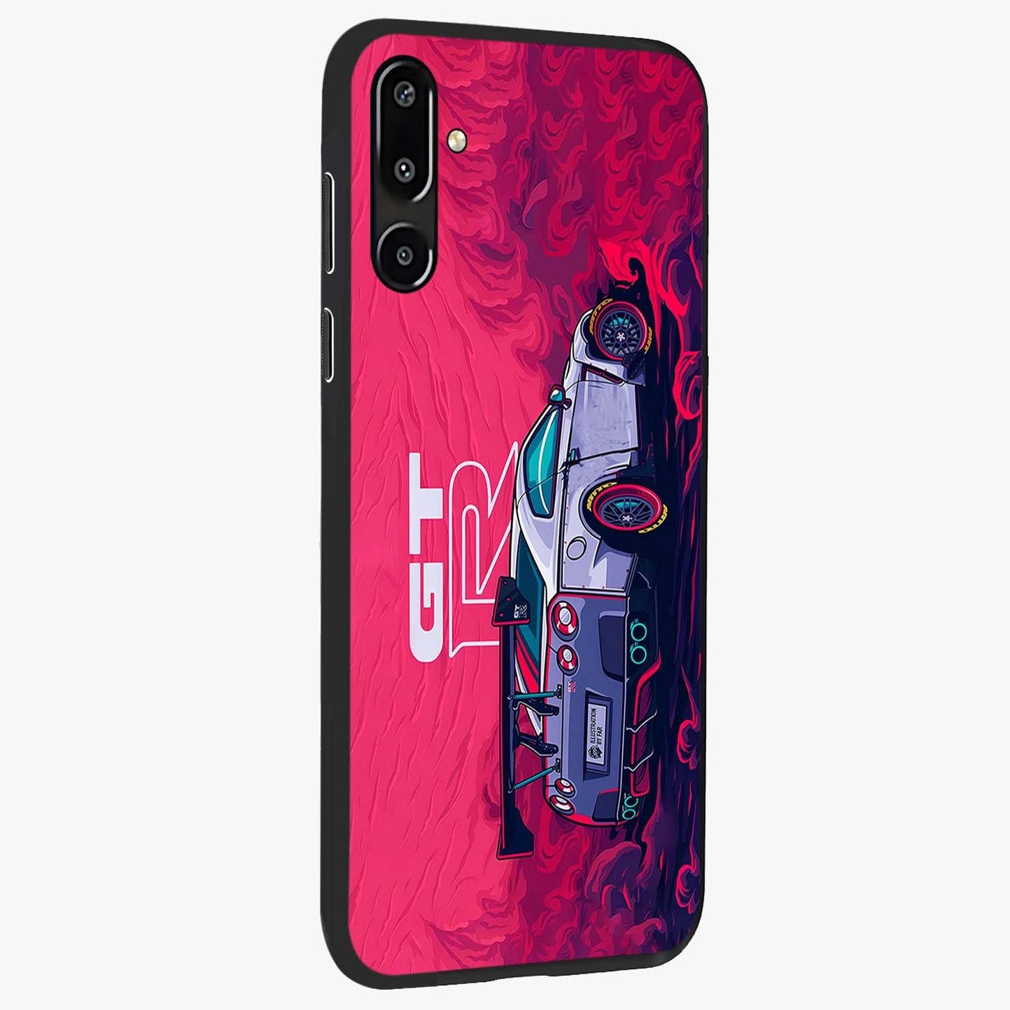 GT-R Car Pattern Glass Case upright view showcasing dynamic car pattern artwork with modern sports theme.