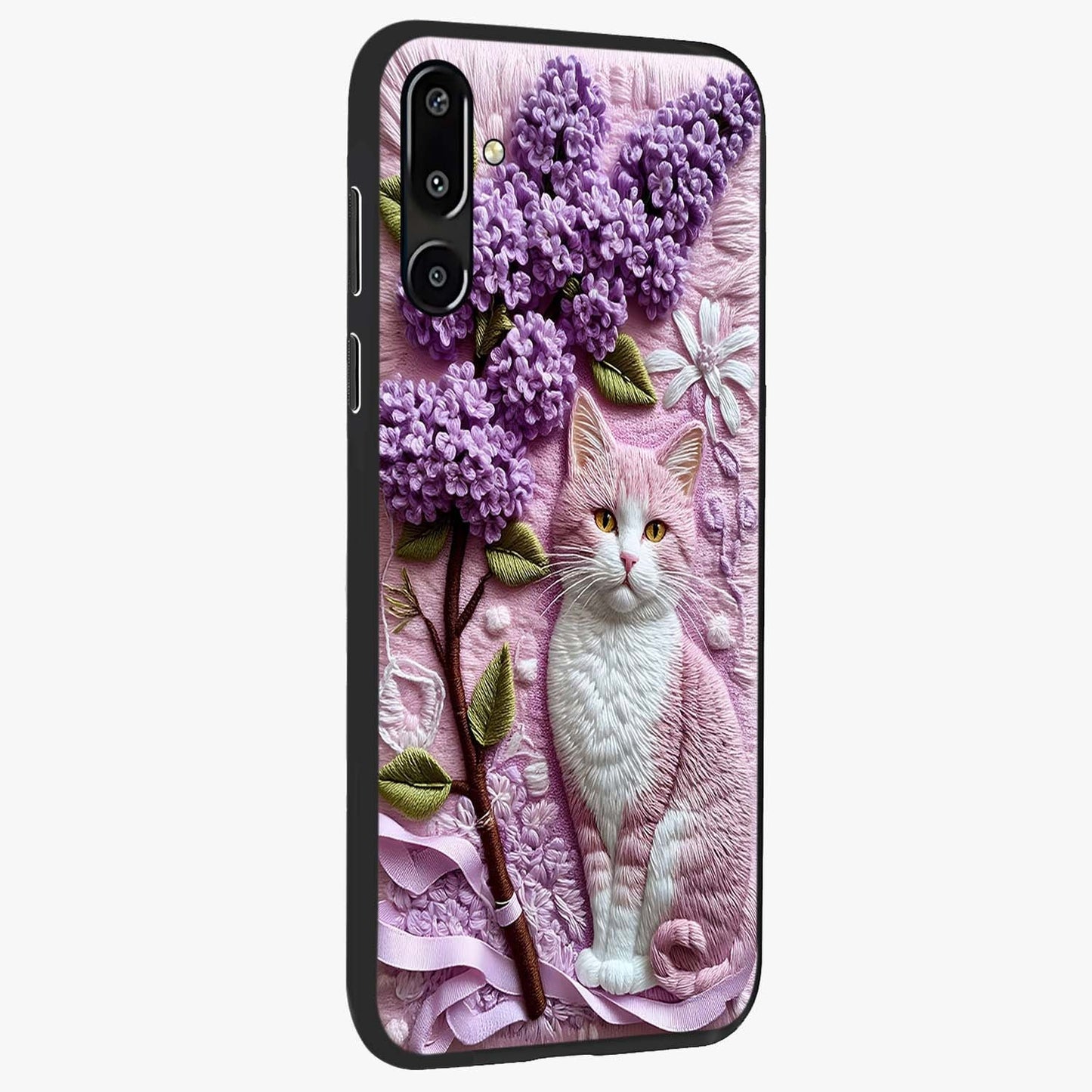Lavender Cat Whimsy Glass Case upright view showcasing charming cat artwork with whimsical lavender theme.
