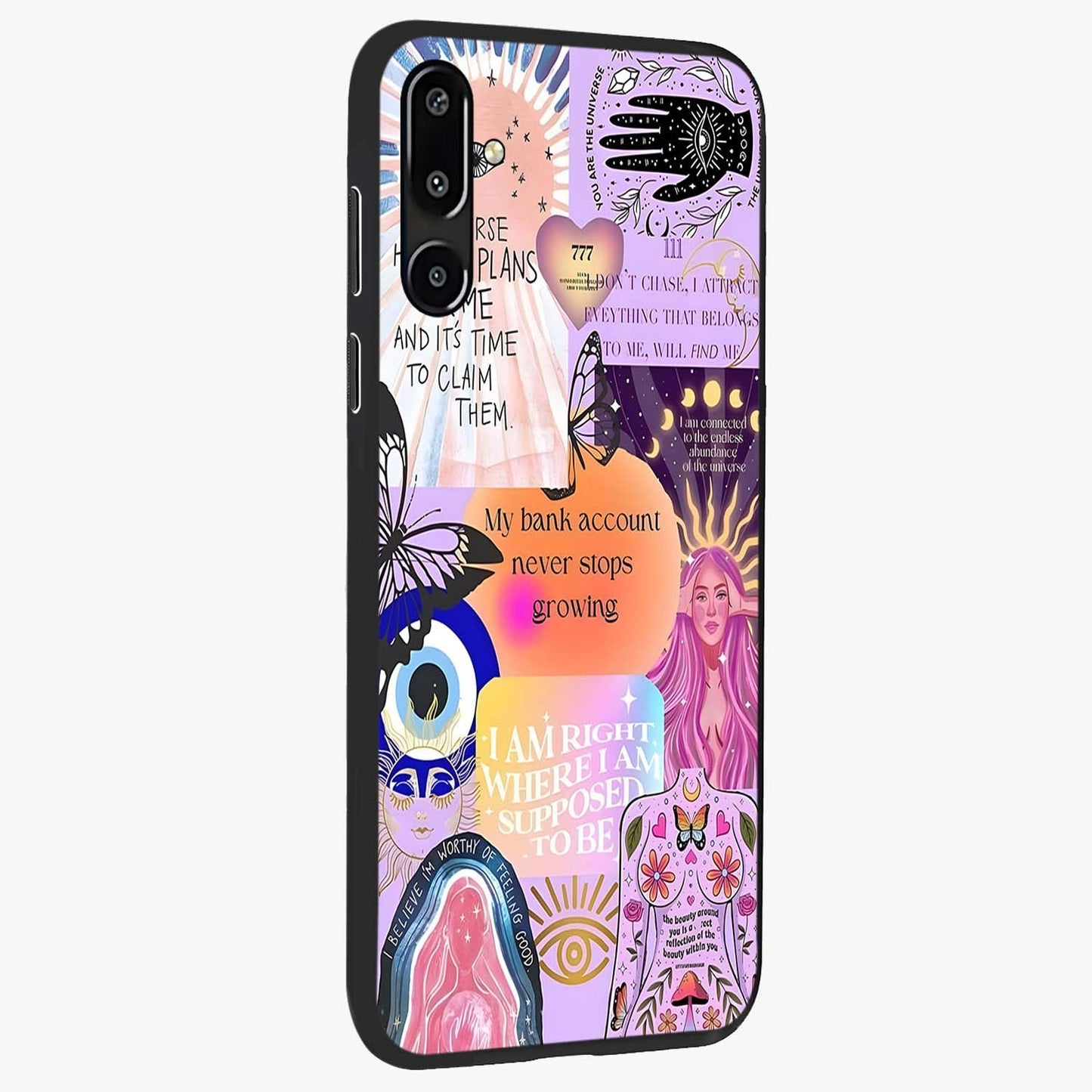 Manifestation Collage Glass Case upright view showcasing artistic manifestation themed artwork with creative style.