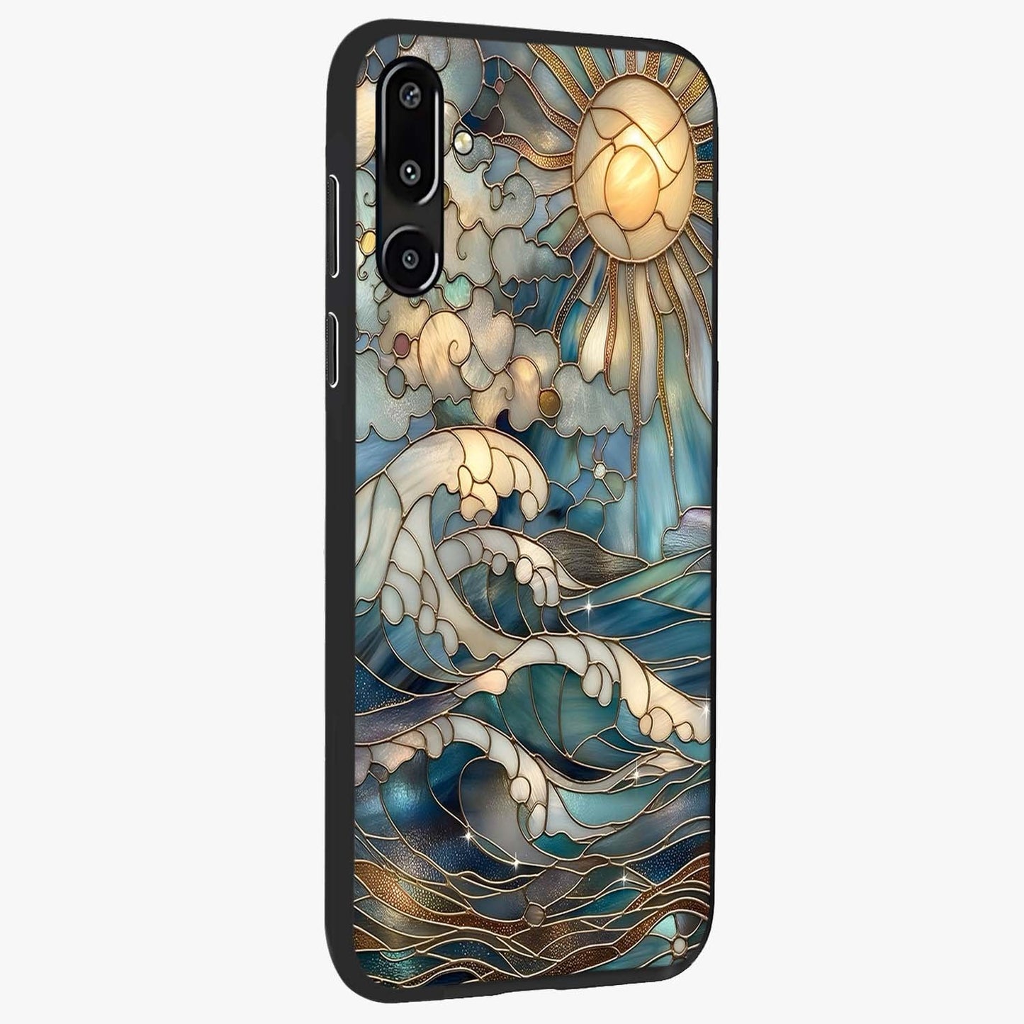Oceanic Stained Printed Glass Case upright view showcasing decorative ocean pattern artwork with vibrant marine theme.
