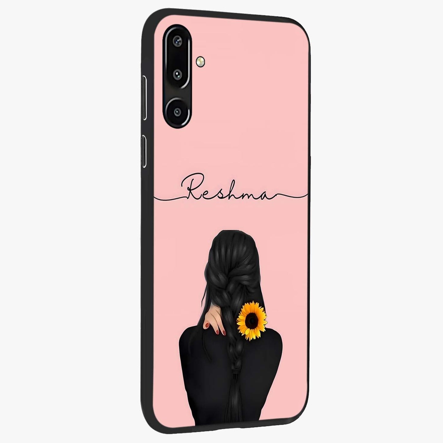 Sunflower Braid Beauty With Custom Name Glass Case upright view showcasing bright sunflower artwork with personalized floral aesthetic.