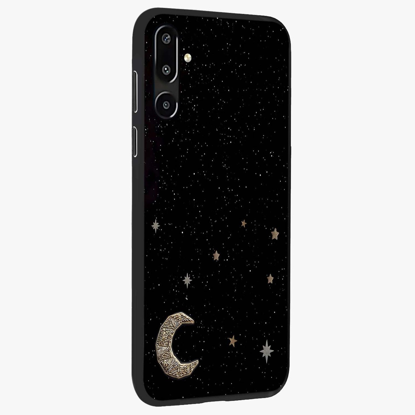 Twinkle Star With Half Moon Glass Case upright view showcasing glowing cosmic artwork with dreamy night theme.