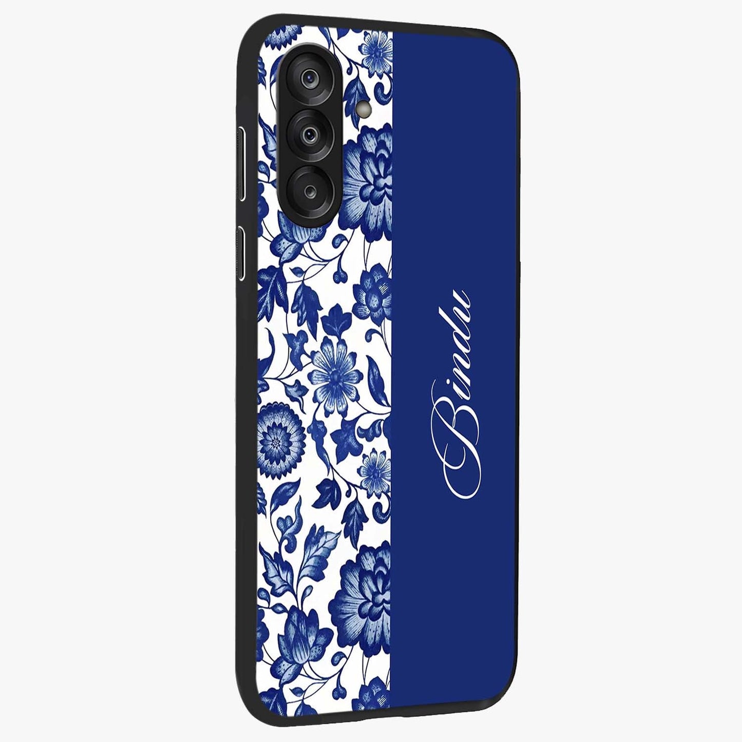 Blue Vintage Floral Pattern Glass Case upright view showcasing delicate blush floral texture with modern minimal style.