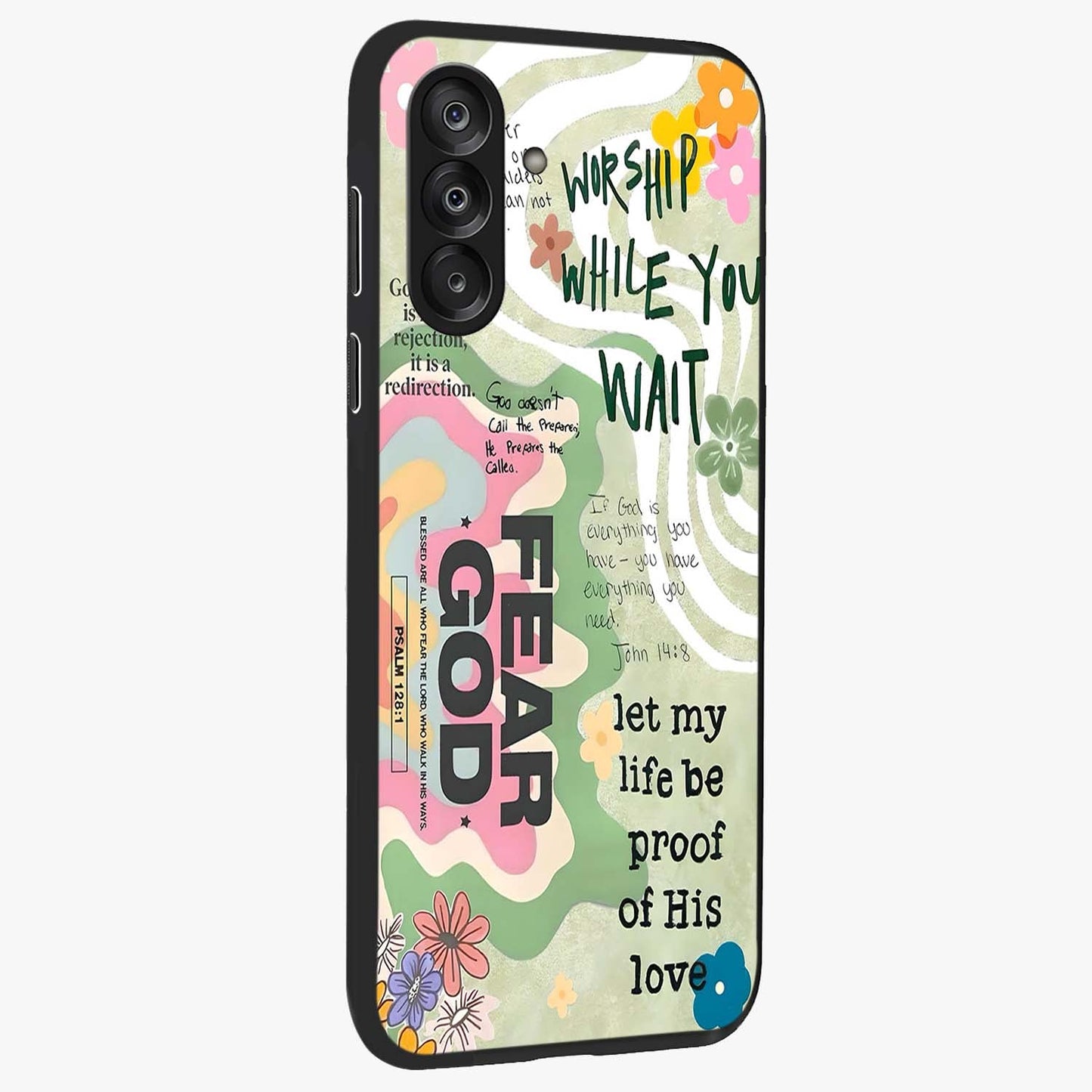 Faith Over Fear Glass Case upright view showcasing bold typography artwork with uplifting motivational theme.