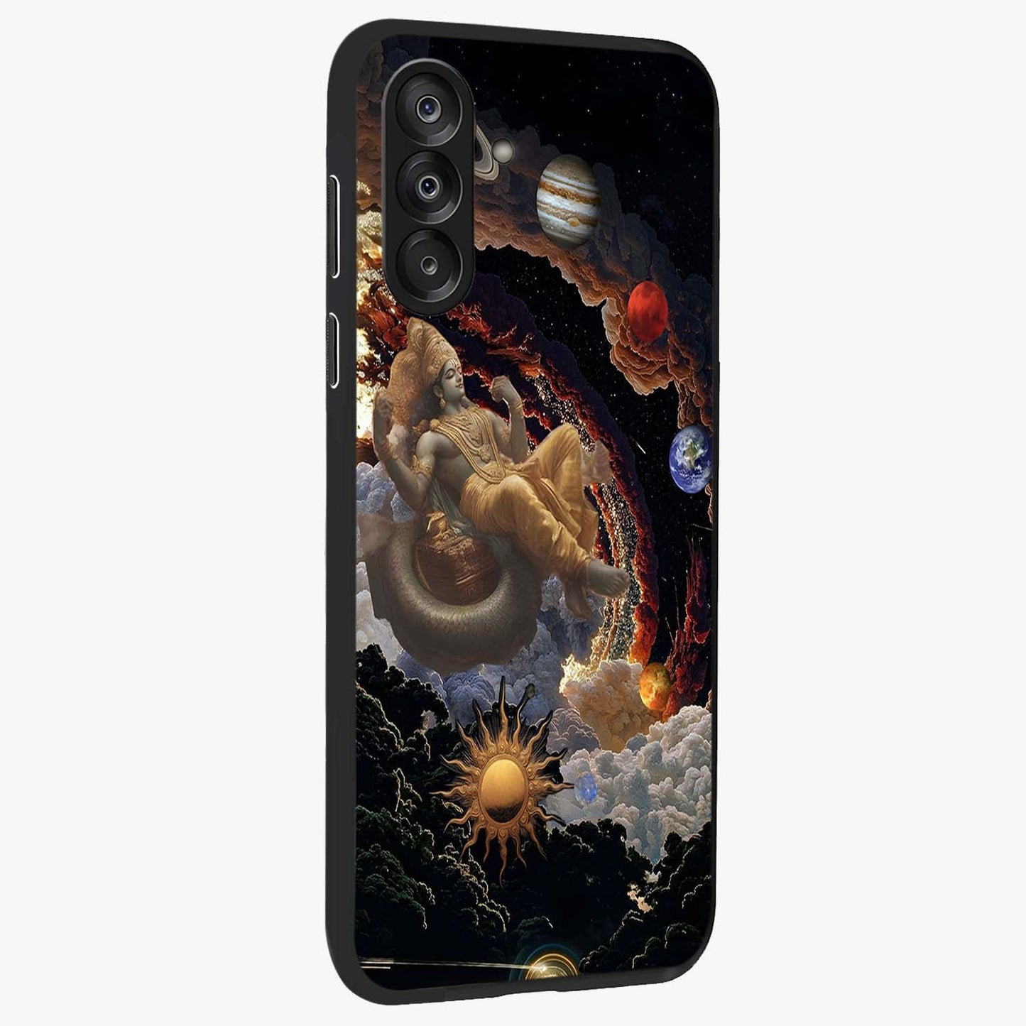 Galactic Divine God Glass Case upright view showcasing mystical divine artwork with dramatic cosmic theme.