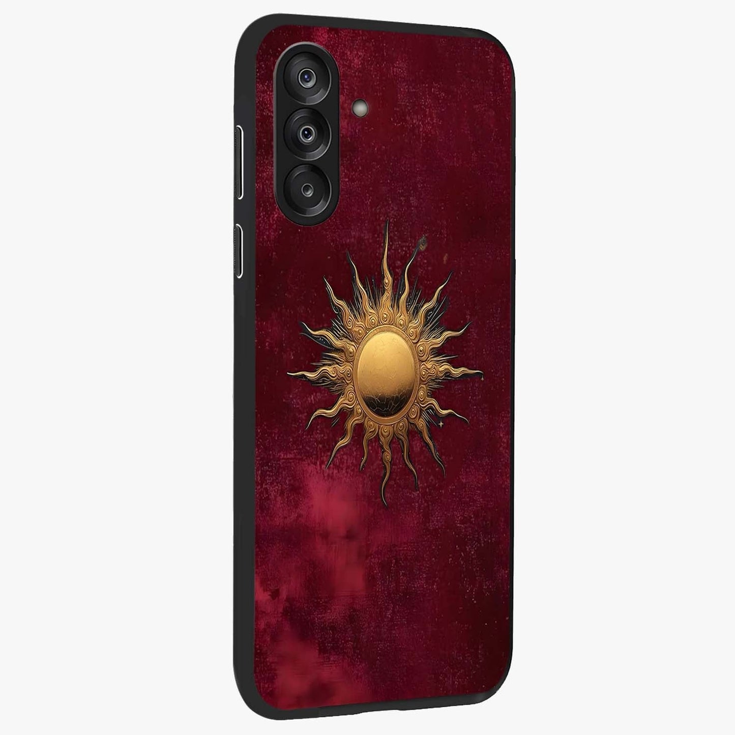 Golden Sun Minimalism Glass Case upright view showcasing simple golden sun artwork with elegant minimalist style.