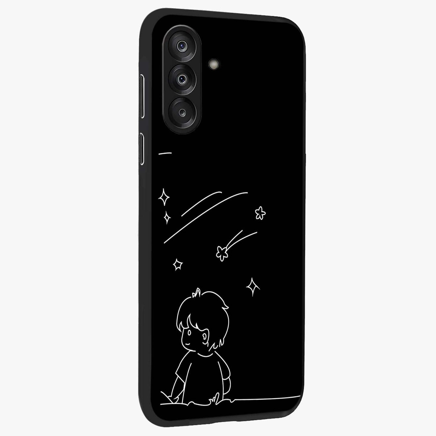Line Art Boy With Shooting Stars Glass Case upright view showcasing artistic shooting star illustration with minimal style.
