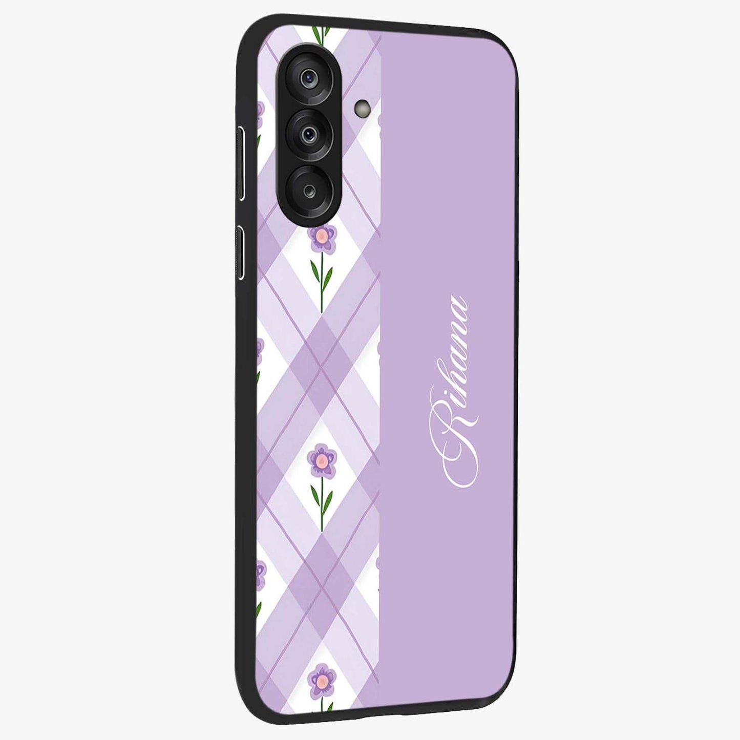 Purple Diamond Floral Glass Case upright view showcasing vibrant floral artwork with stylish geometric theme.