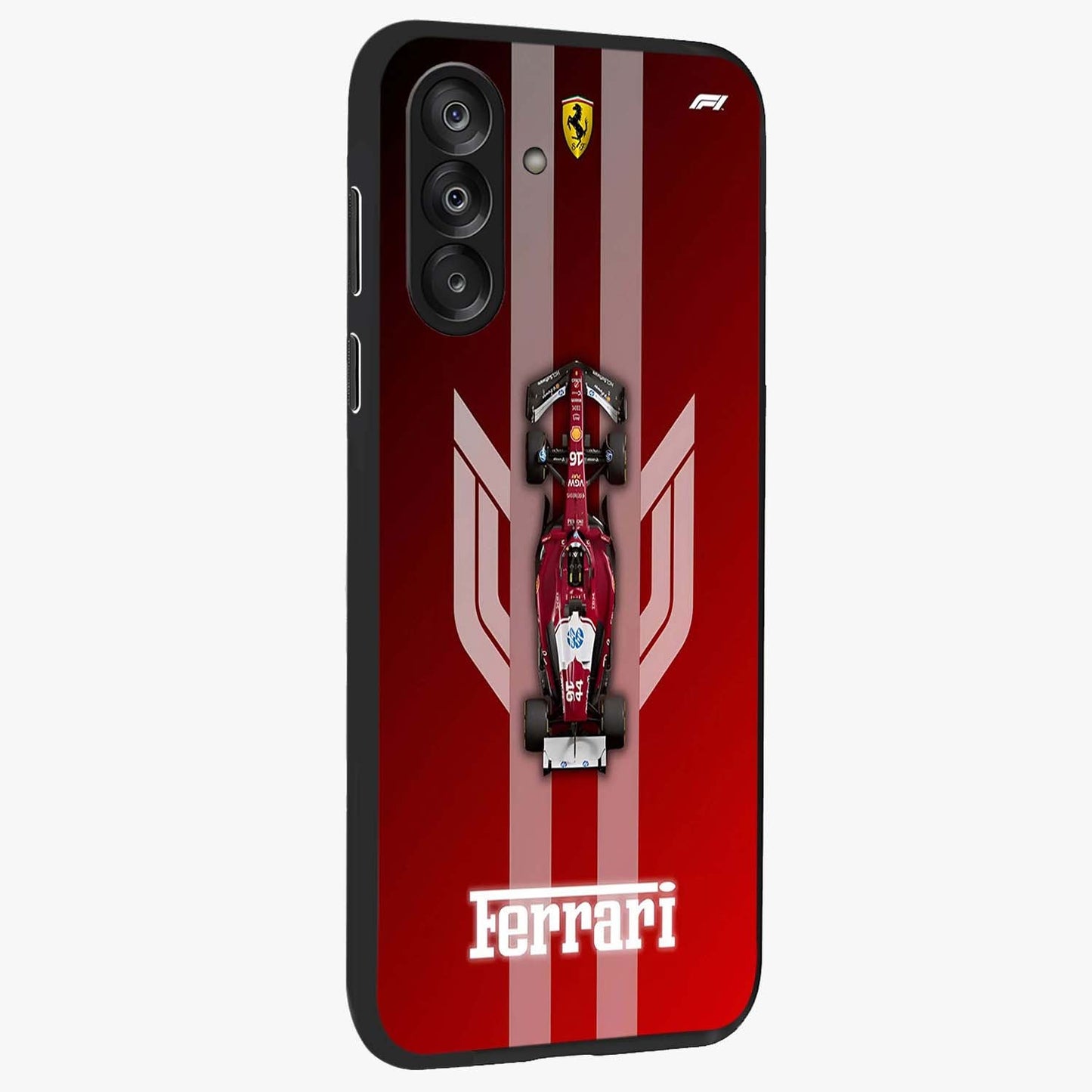 Red Ferrari F1 Vertical Glass Case upright view showcasing powerful Formula car artwork with dynamic motorsport theme.