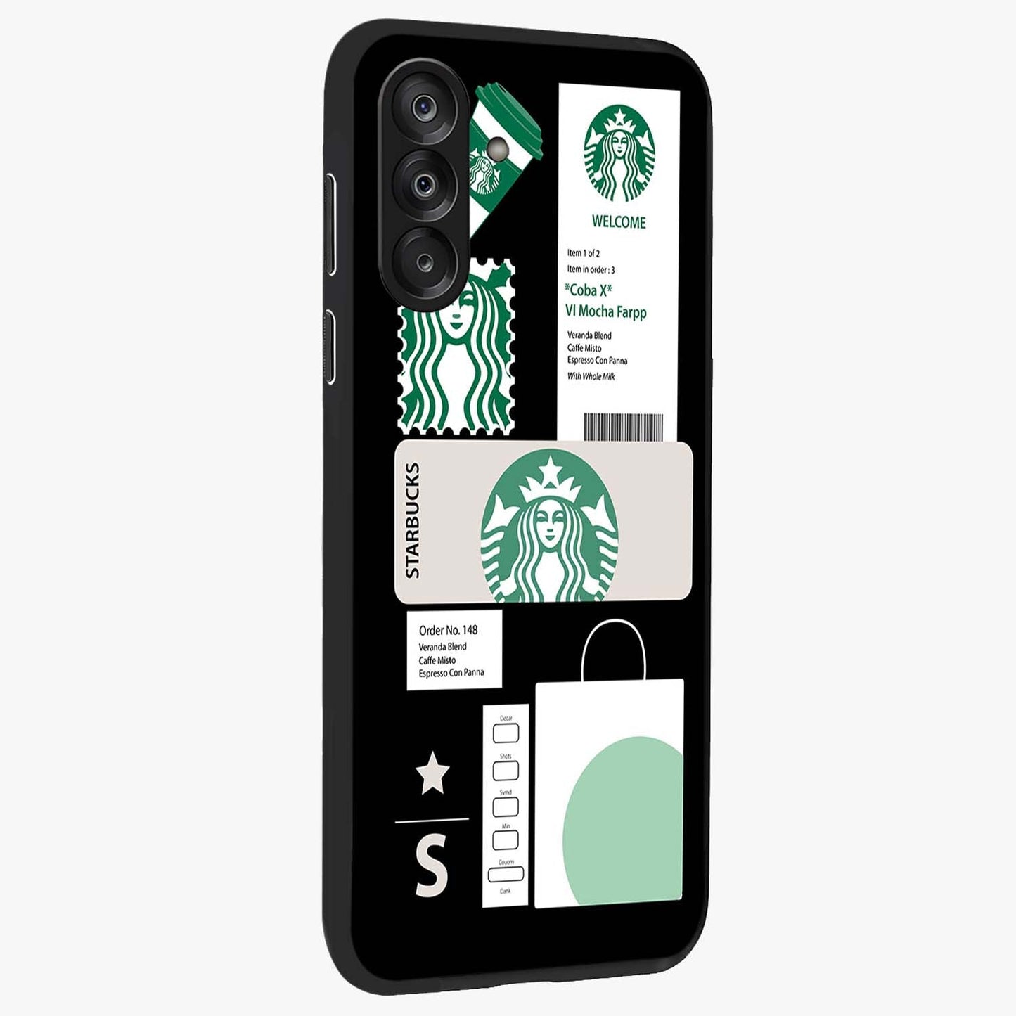 Starbucks Mocha Glass Case upright view showcasing trendy coffee inspired artwork with modern lifestyle theme.
