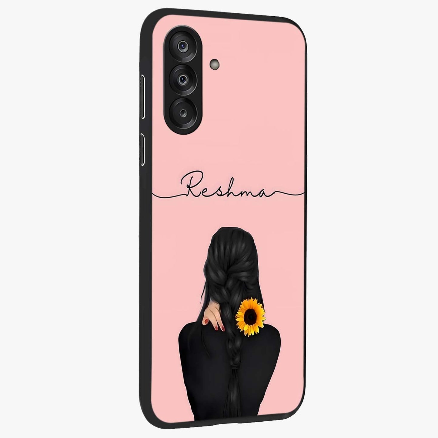 Sunflower Braid Beauty With Custom Name Glass Case upright view showcasing bright sunflower artwork with personalized floral aesthetic.