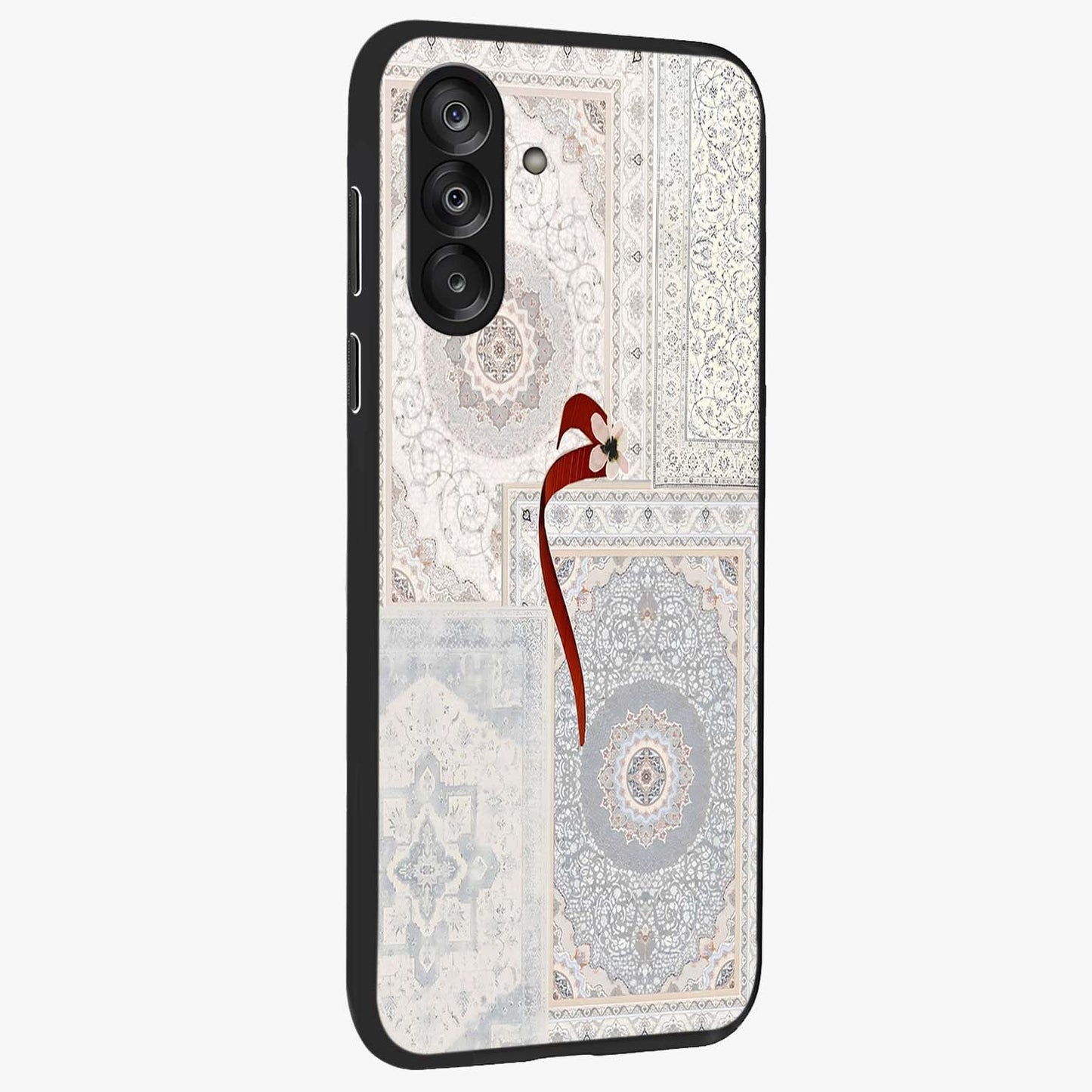 White Aesthetic Bow Glass Case upright view showcasing delicate ribbon bow artwork with cute minimalist theme.