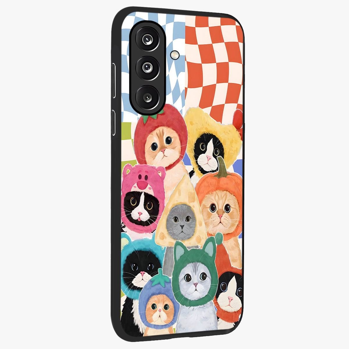 Cats in Fruits Glass Case upright view showcasing charming cat artwork with fun fruity theme.