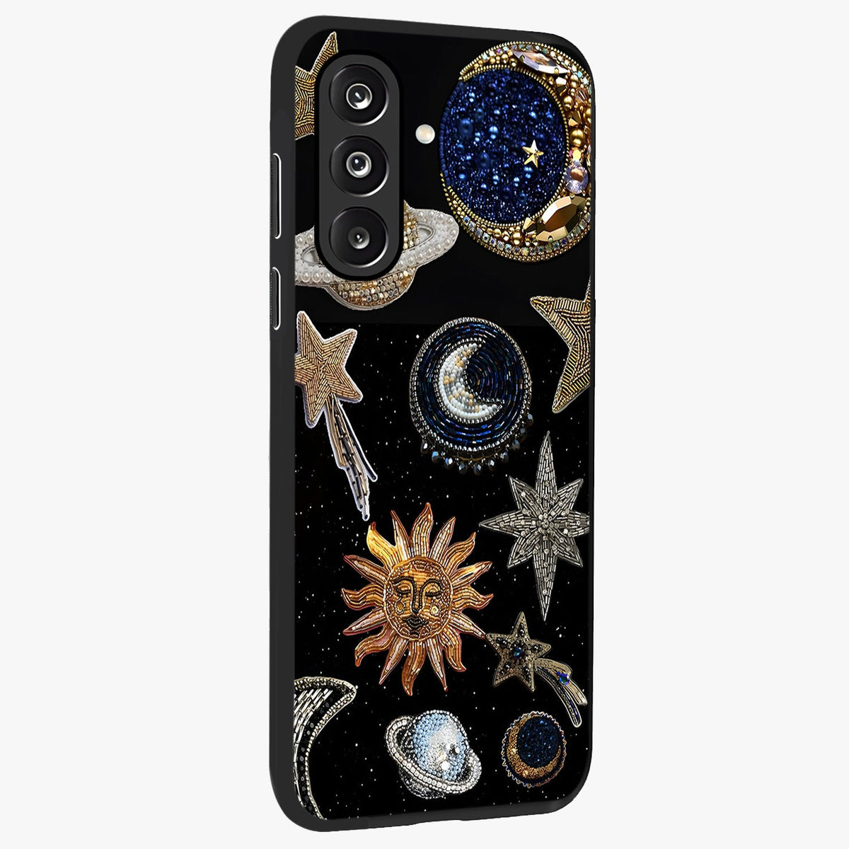 Celestial Gem Constellations Glass Case upright view showcasing cosmic constellation artwork with celestial aesthetic style.