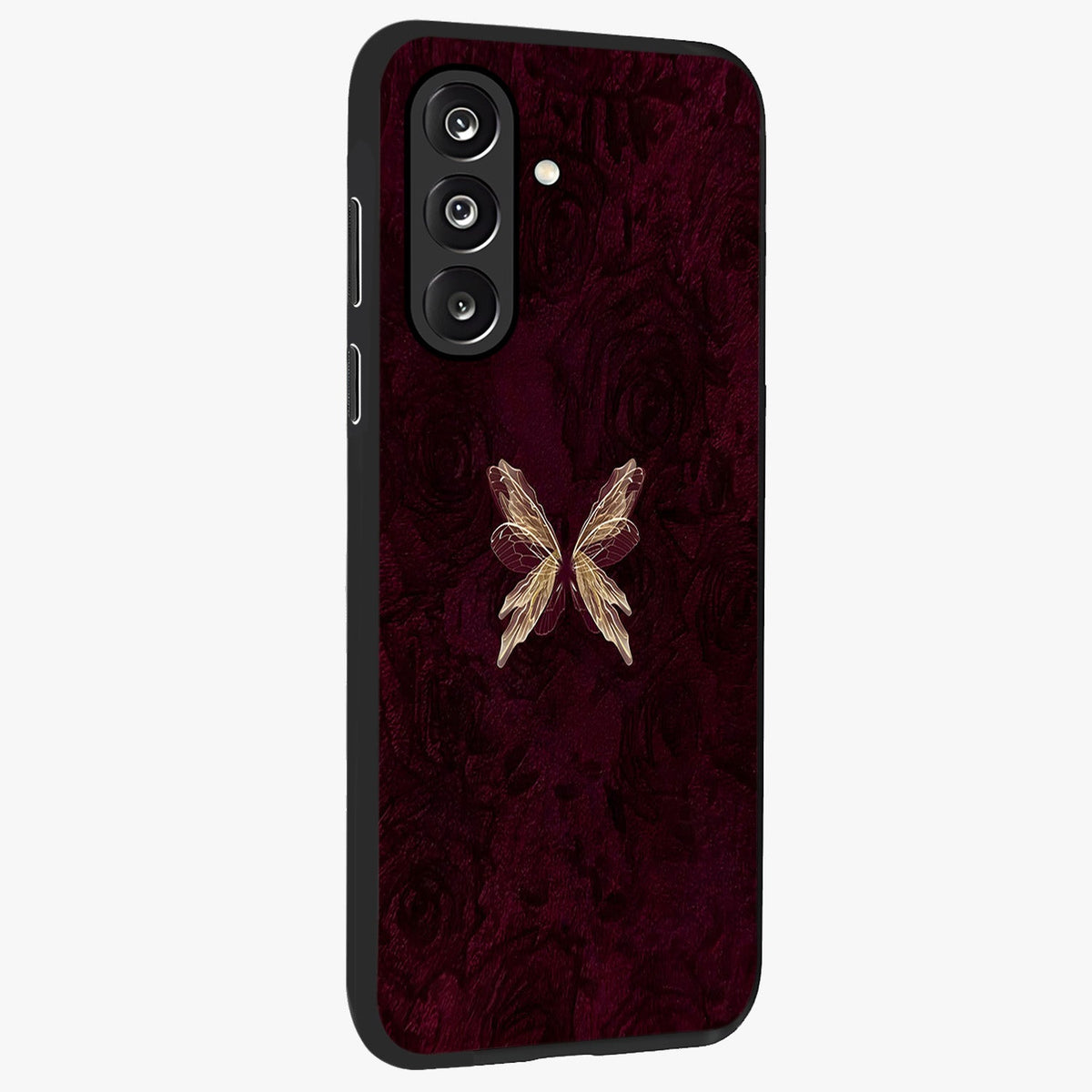 Crimson Fade Butterfly Glass Case upright view showcasing graceful butterfly artwork with soft crimson fade effect.