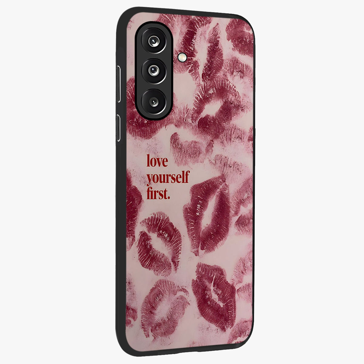 Crimson Kiss Love Glass Case upright view showcasing expressive romantic artwork with deep crimson theme.