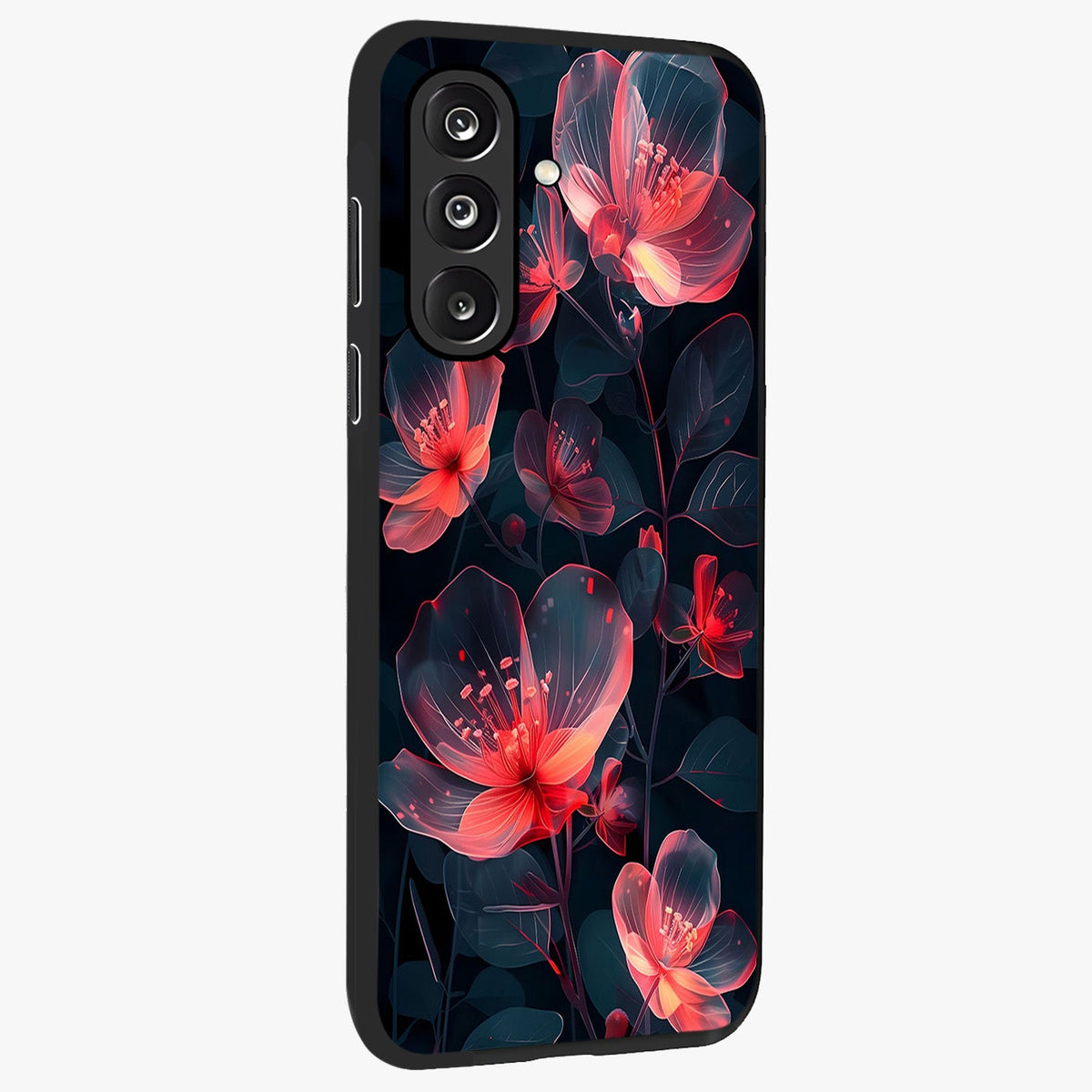 Dark Shade of Flower Glass Case upright view showcasing delicate flower artwork with rich dark floral theme.