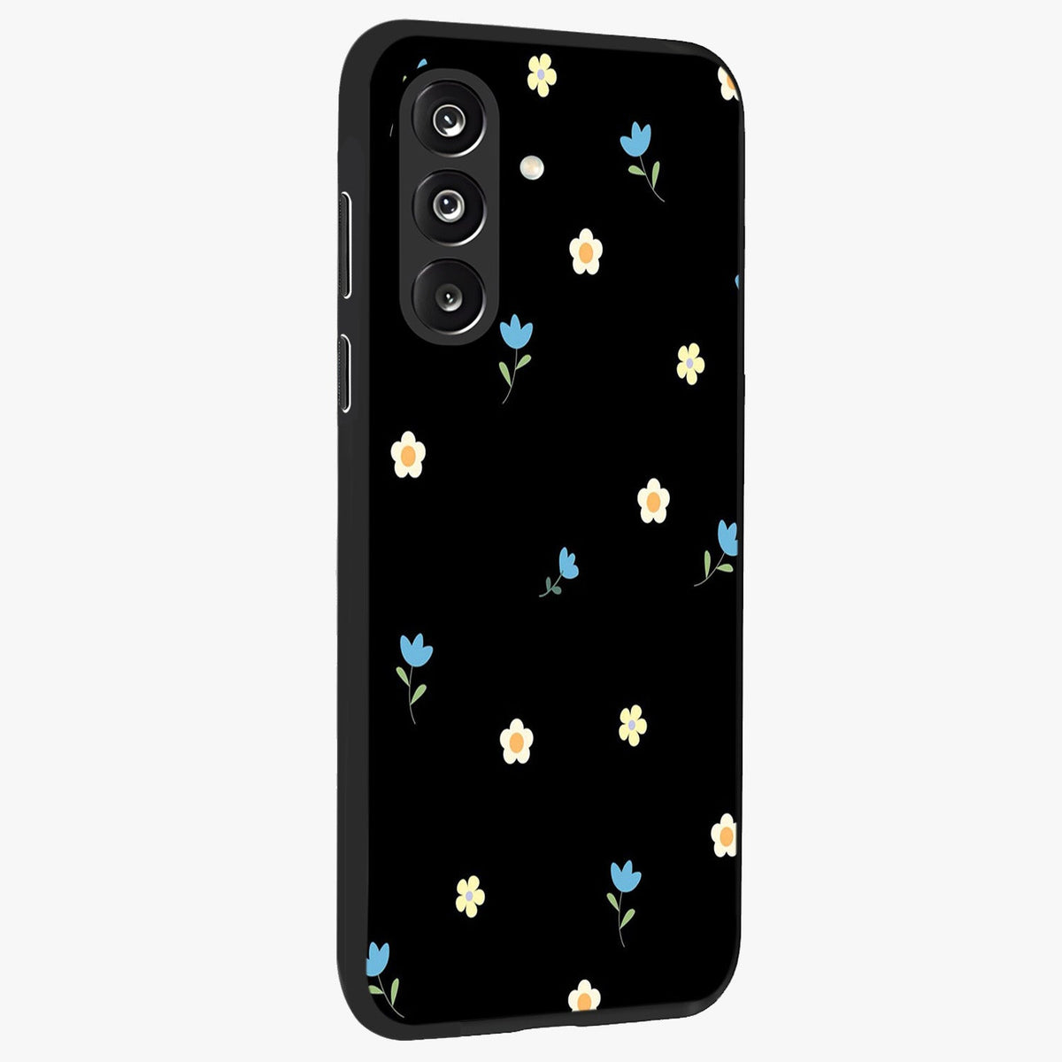 Minimal Petal Whispers Glass Case upright view showcasing elegant floral artwork with modern minimalist style.