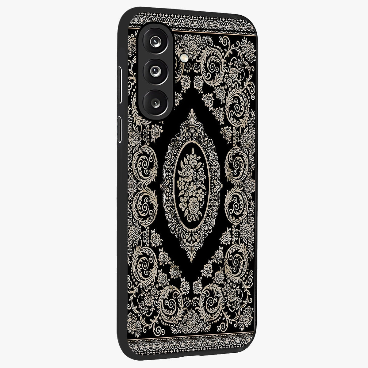Noir Bloom Elegance Glass Case upright view showcasing graceful floral artwork with luxurious dark theme.