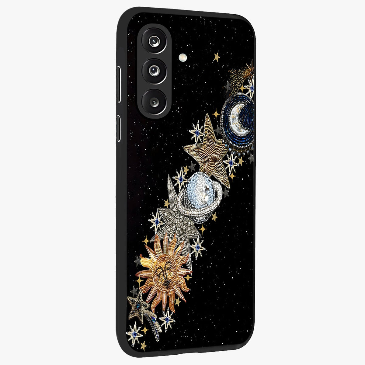 Pearls Universe Object Glass Case upright view showcasing decorative pearl themed artwork with cosmic elegance.