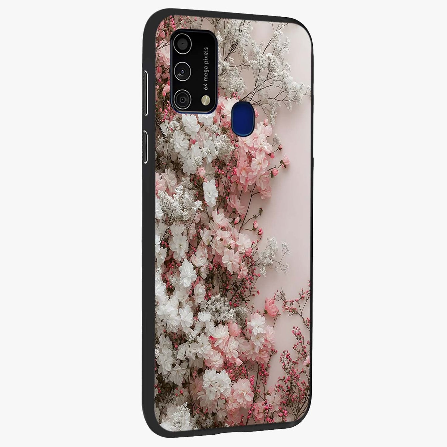 Blush Blossom Cloud Glass Case upright view showcasing calm floral cloud artwork with gentle dreamy theme.