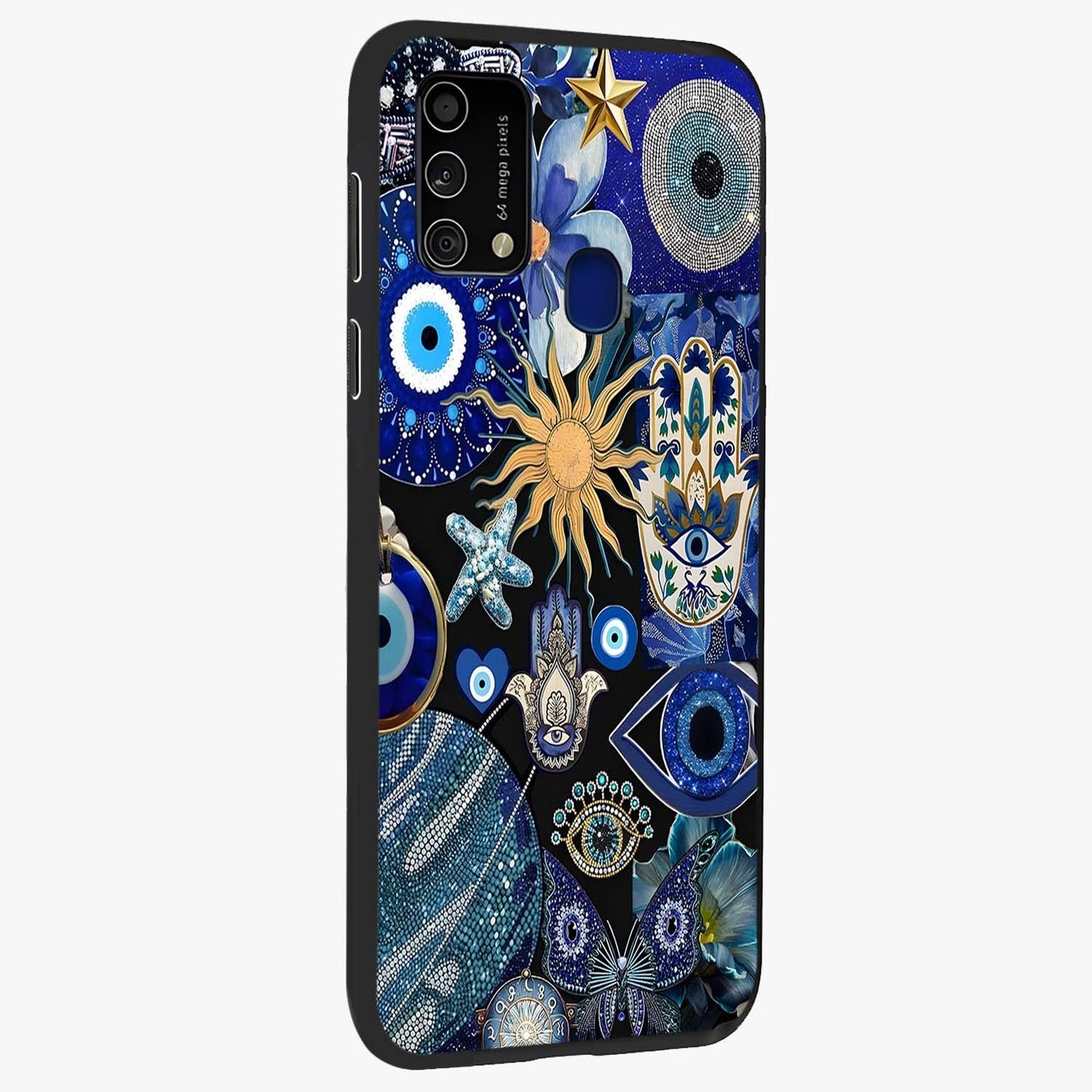Evil Eye Charm Mix Glass Case upright view showcasing mystical evil eye pattern with vibrant decorative style.