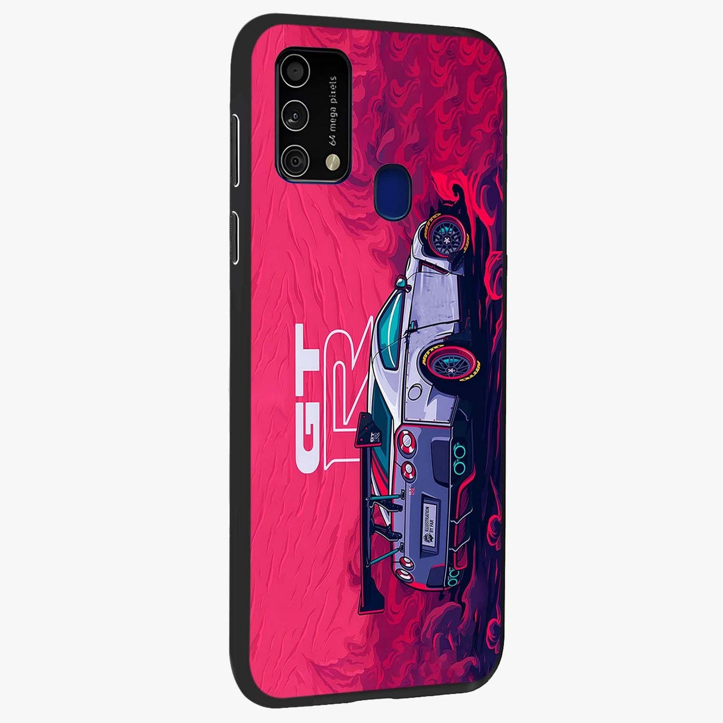 GT-R Car Pattern Glass Case upright view showcasing dynamic car pattern artwork with modern sports theme.