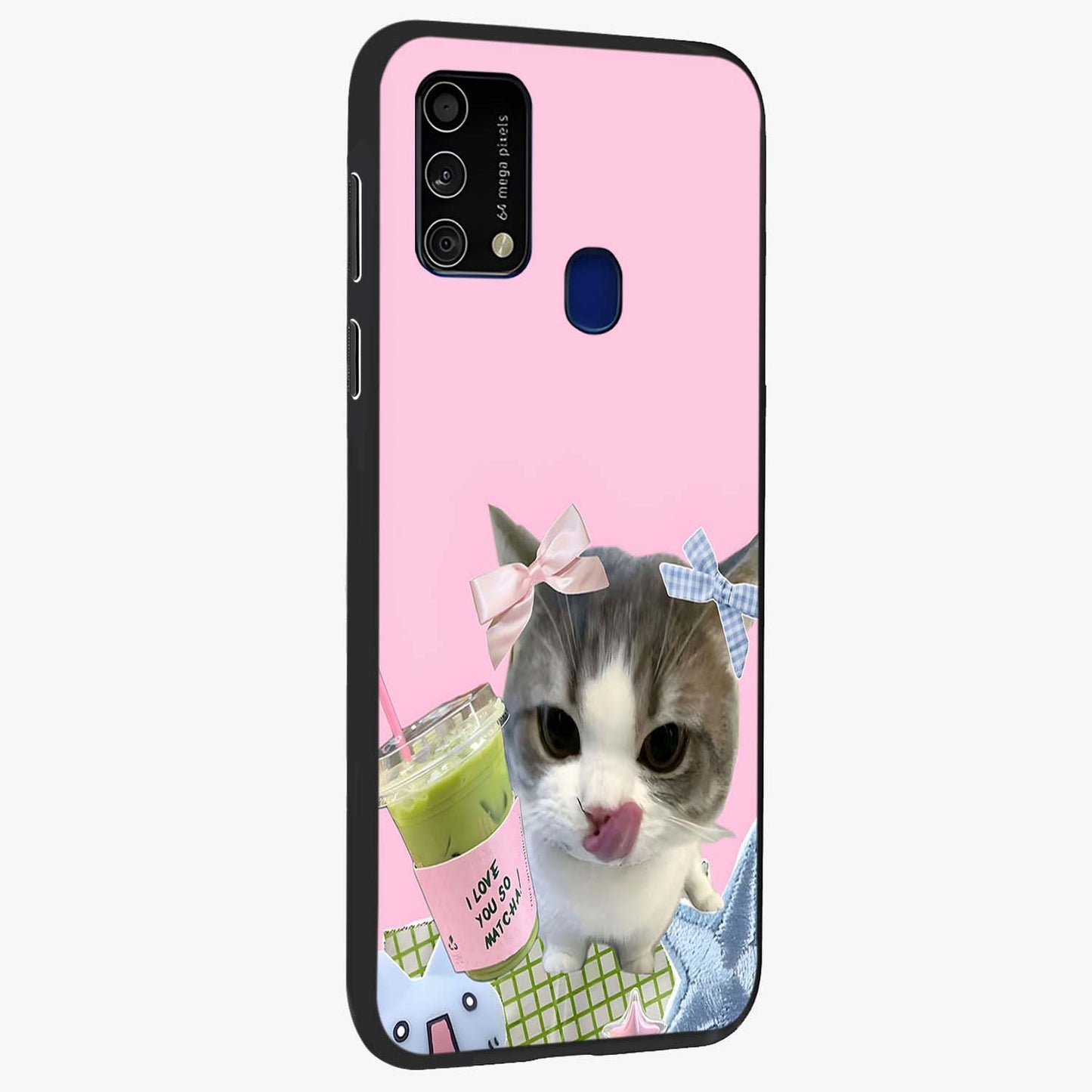 Love Matcha Cat Glass Case upright view showcasing adorable cat artwork with charming matcha themed design.