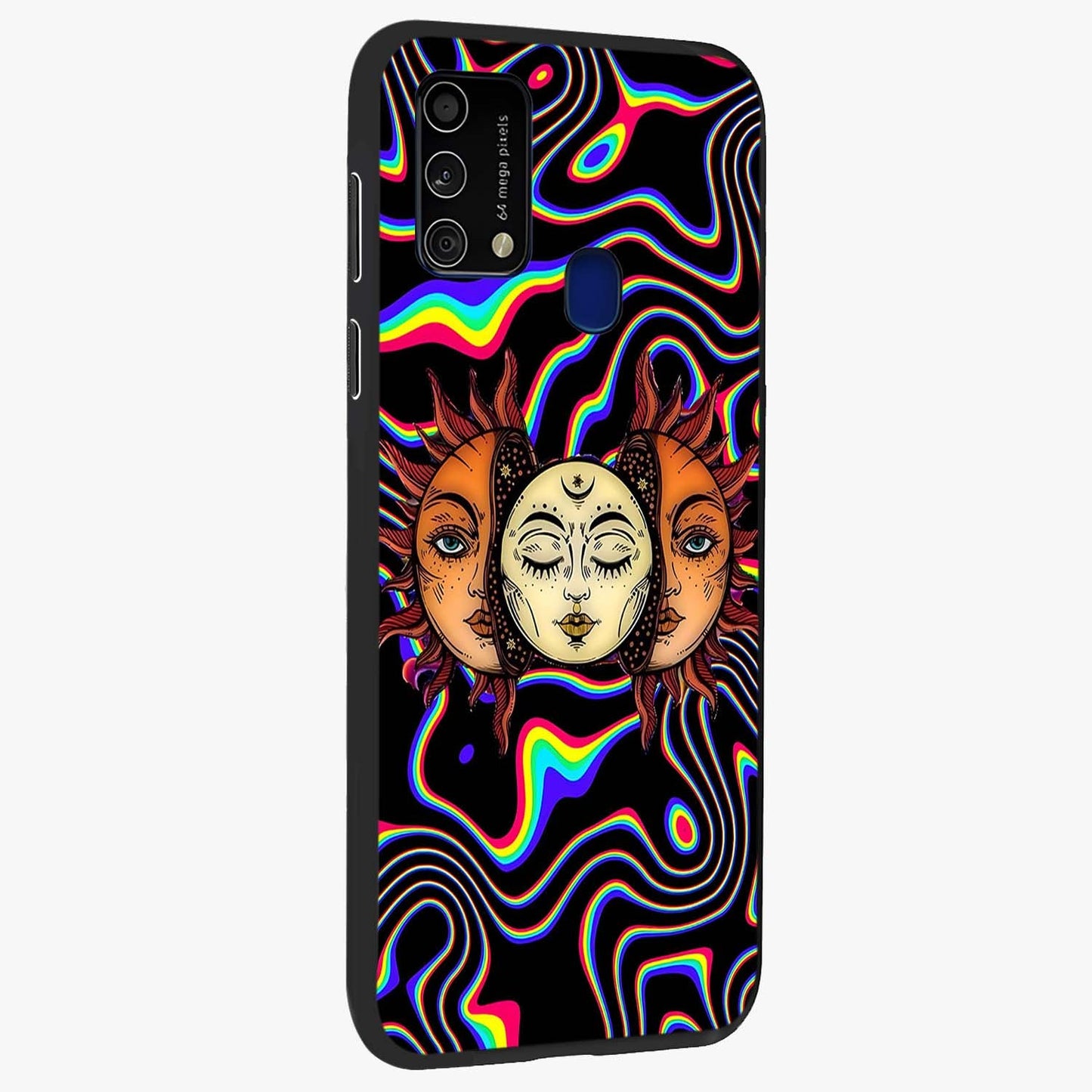 Psychedelic Sun Glass Case upright view showcasing trippy sun artwork with bold psychedelic theme.