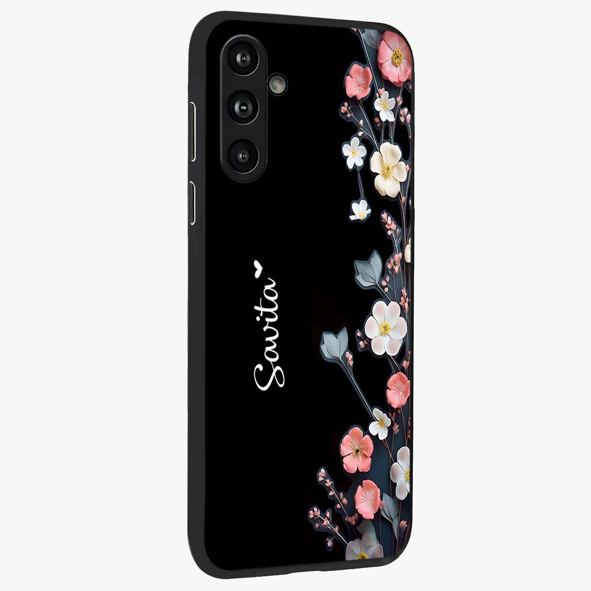 Black Elegance Floral Custom Name Glass Case upright view showcasing luxurious black floral design with personalized name detail.