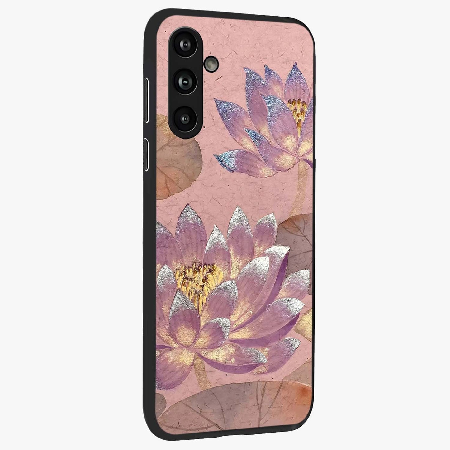 Blossom Mist Lotus Glass Case upright view showcasing graceful lotus flower design with peaceful botanical style.