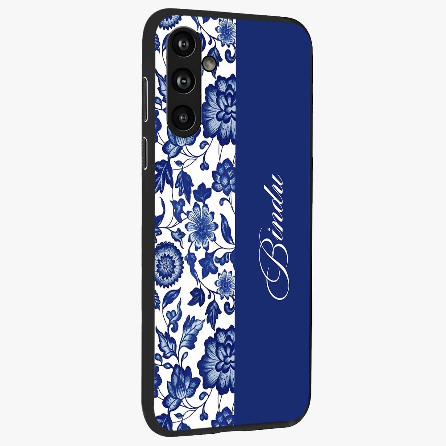 Blue Vintage Floral Pattern Glass Case upright view showcasing delicate blush floral texture with modern minimal style.