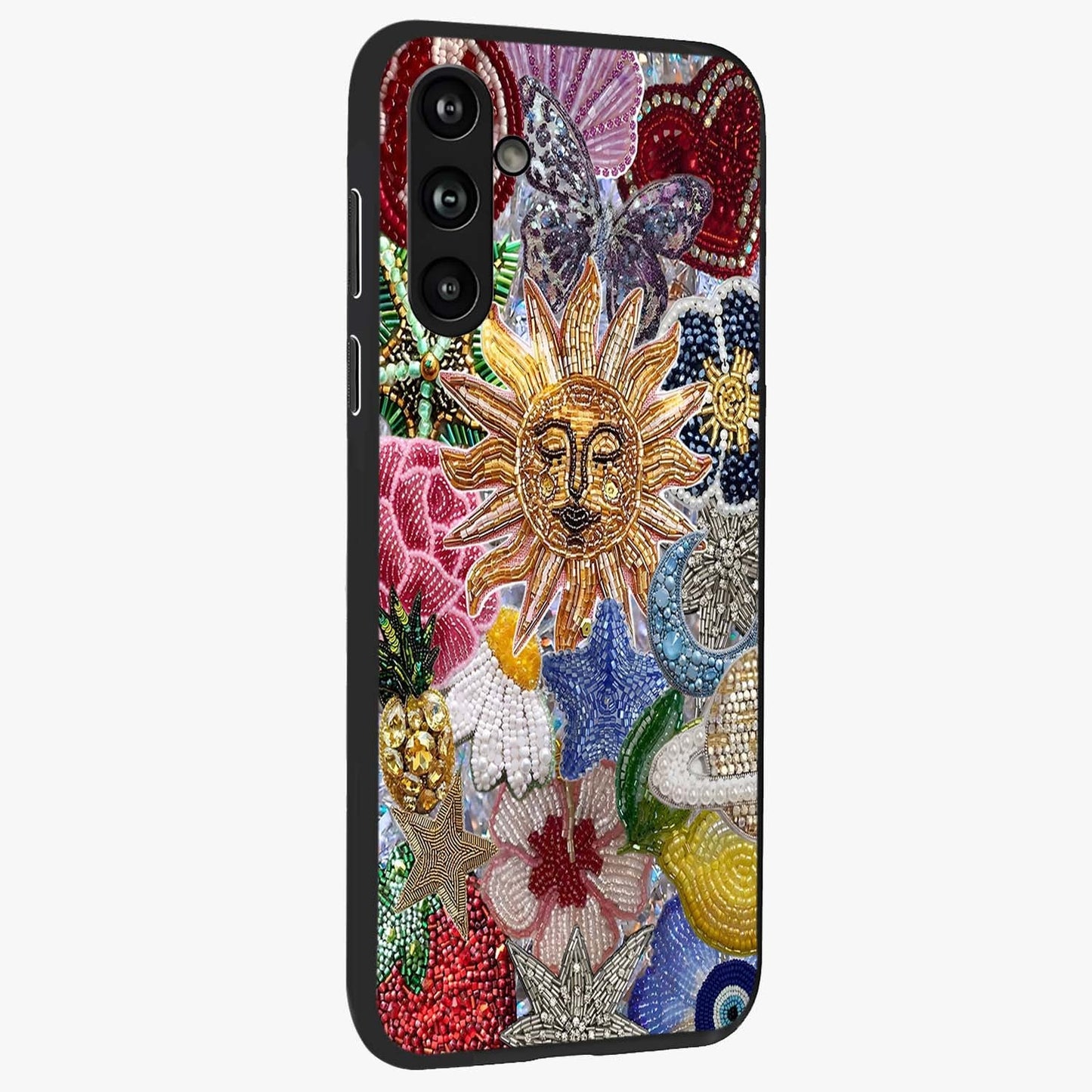 Celestial Floral and Playful Glass Case upright view showcasing whimsical floral artwork with cosmic aesthetic theme.