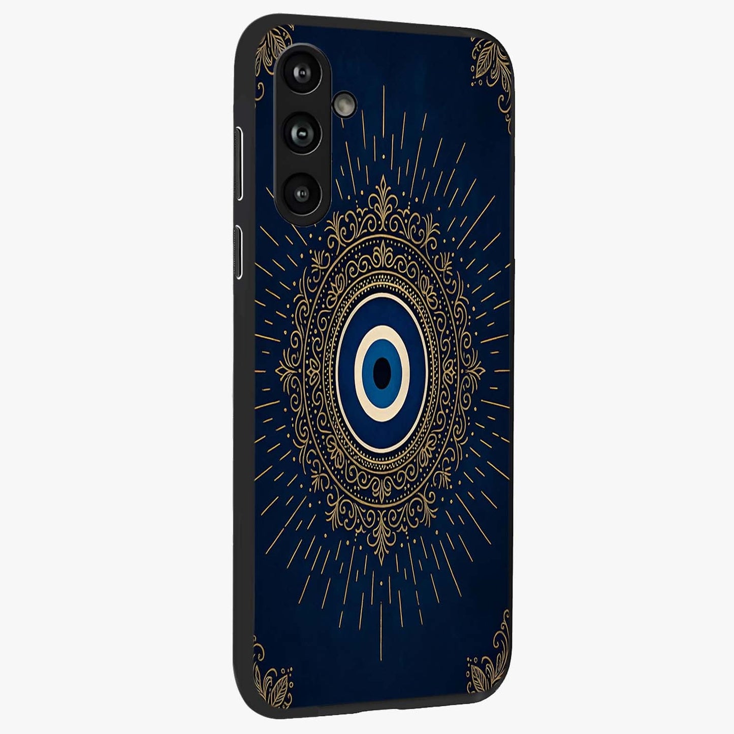 Golden Celestial Charm Glass Case upright view showcasing radiant celestial artwork with elegant golden theme.