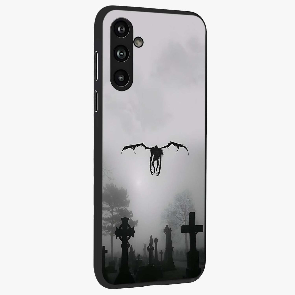 Graveyard Shadow Descent Glass Case upright view showcasing haunting graveyard artwork with dramatic dark theme.
