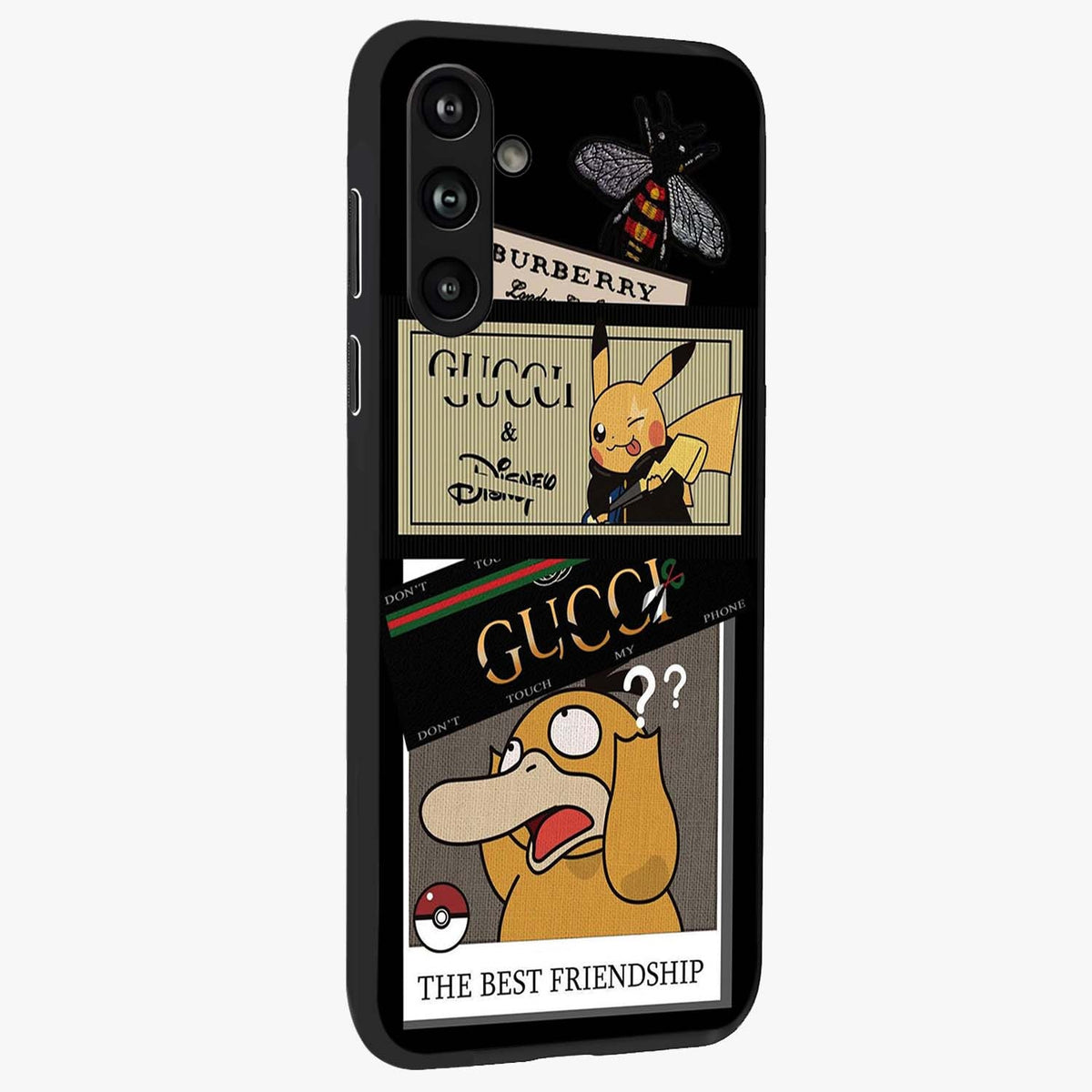 Gucci Play Mashup Glass Case upright view showcasing trendy luxury inspired artwork with modern fashion theme.