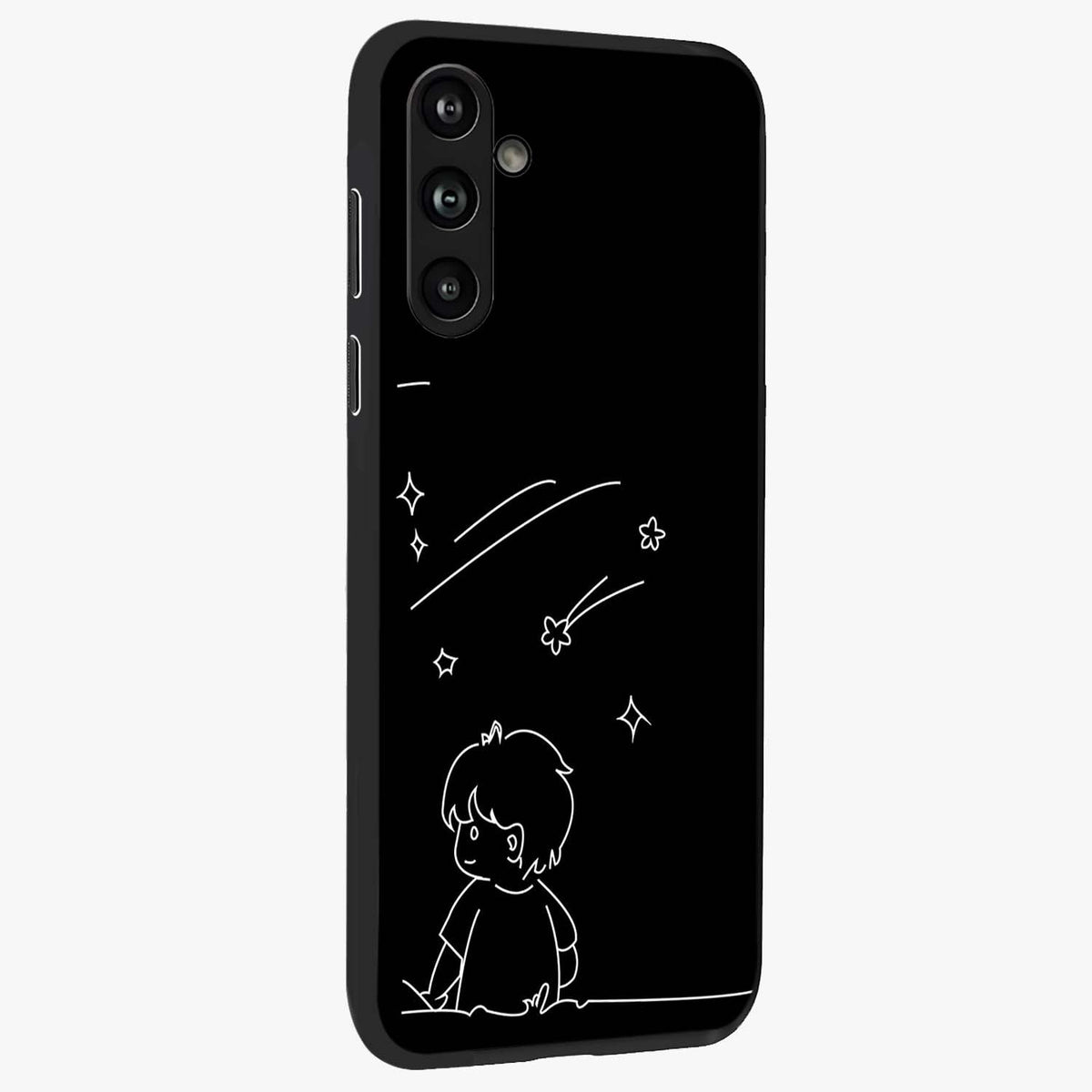Line Art Boy With Shooting Stars Glass Case upright view showcasing artistic shooting star illustration with minimal style.