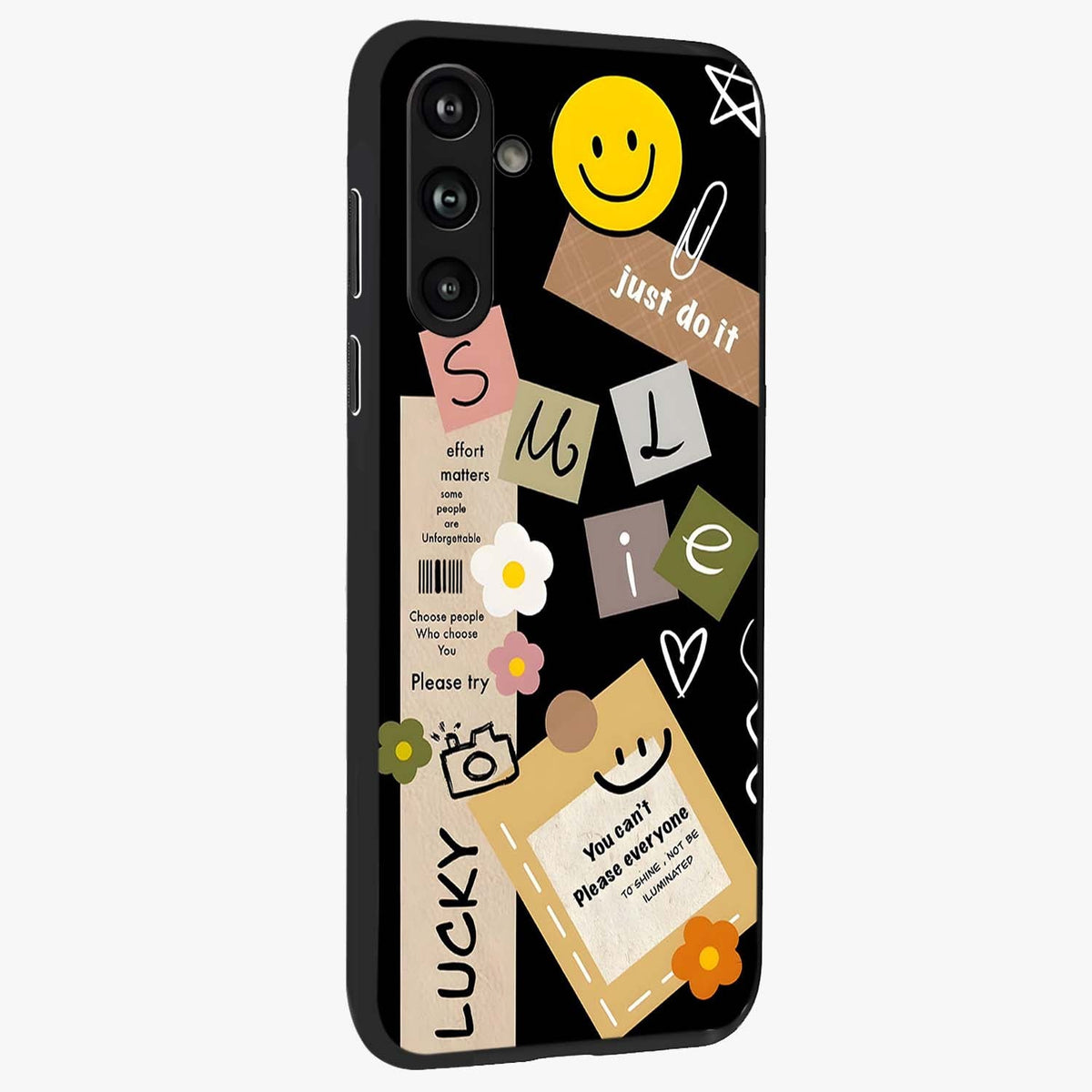 Lucky Aesthetic Collage Glass Case upright view showcasing vibrant collage artwork with youthful aesthetic theme.