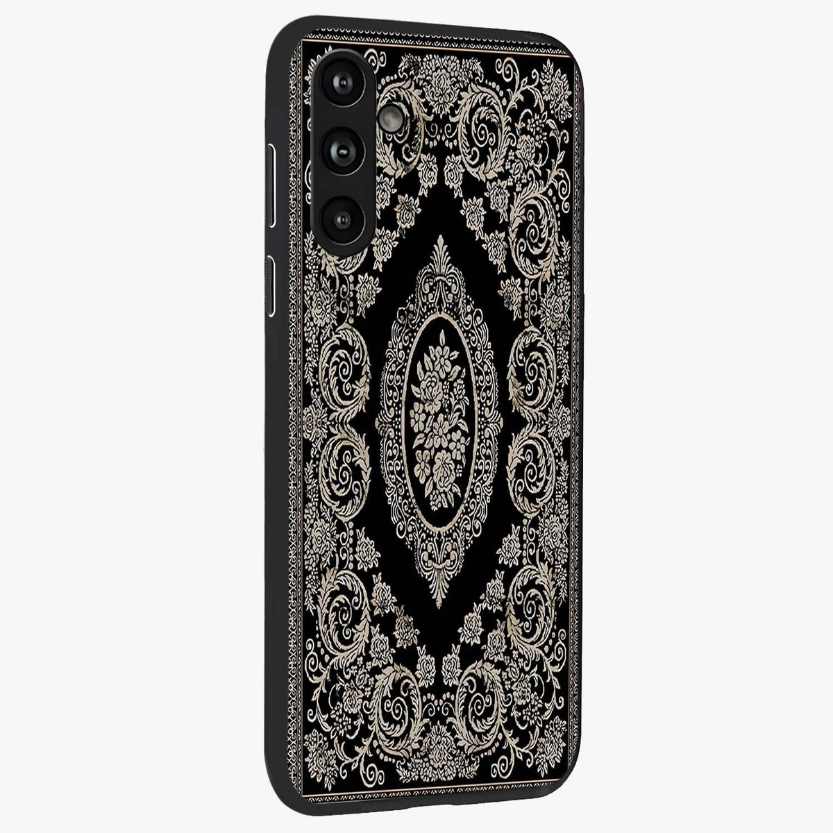 Noir Bloom Elegance Glass Case upright view showcasing graceful floral artwork with luxurious dark theme.