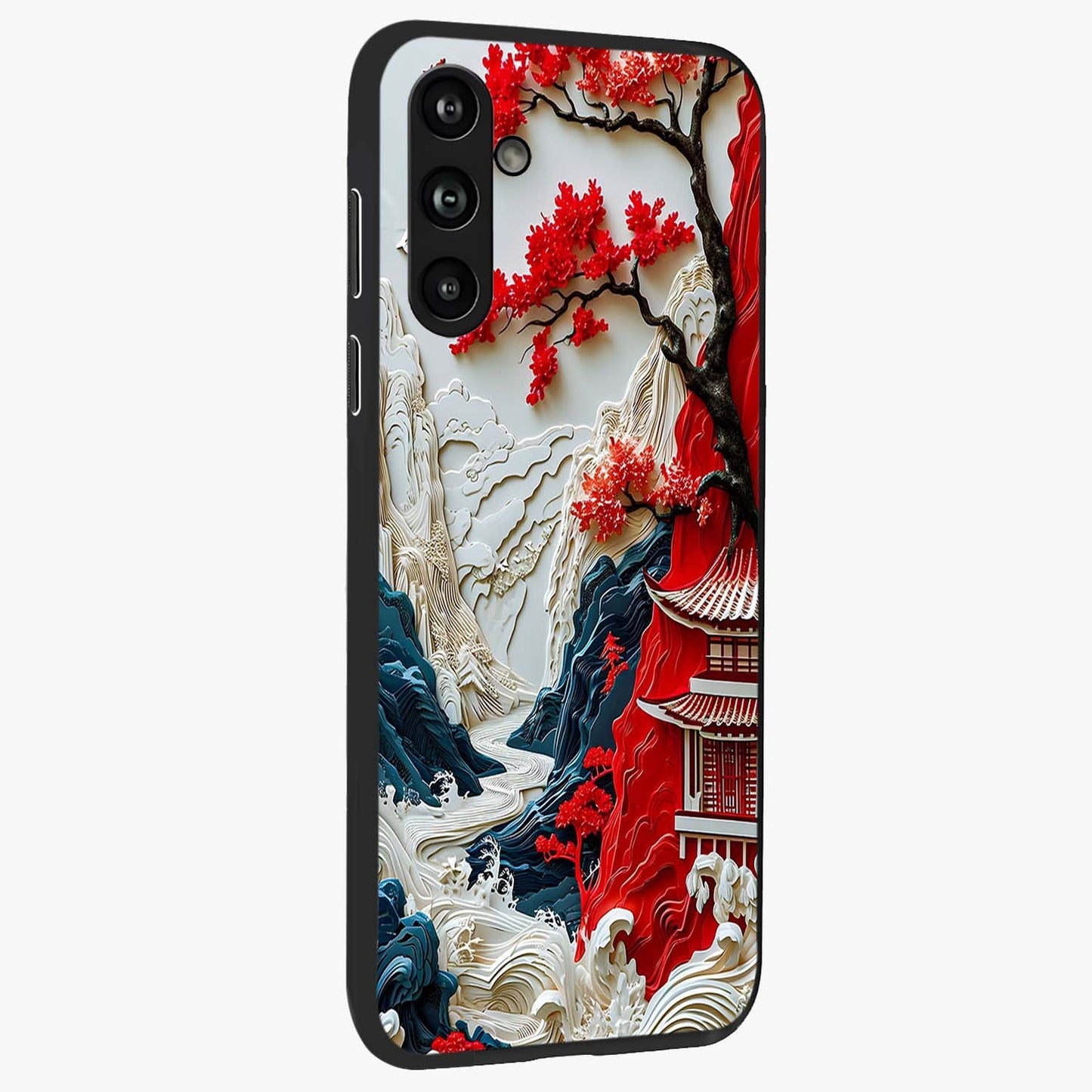 Whispers Of Sakura Waves Glass Case upright view showcasing delicate cherry blossom artwork with elegant nature theme.
