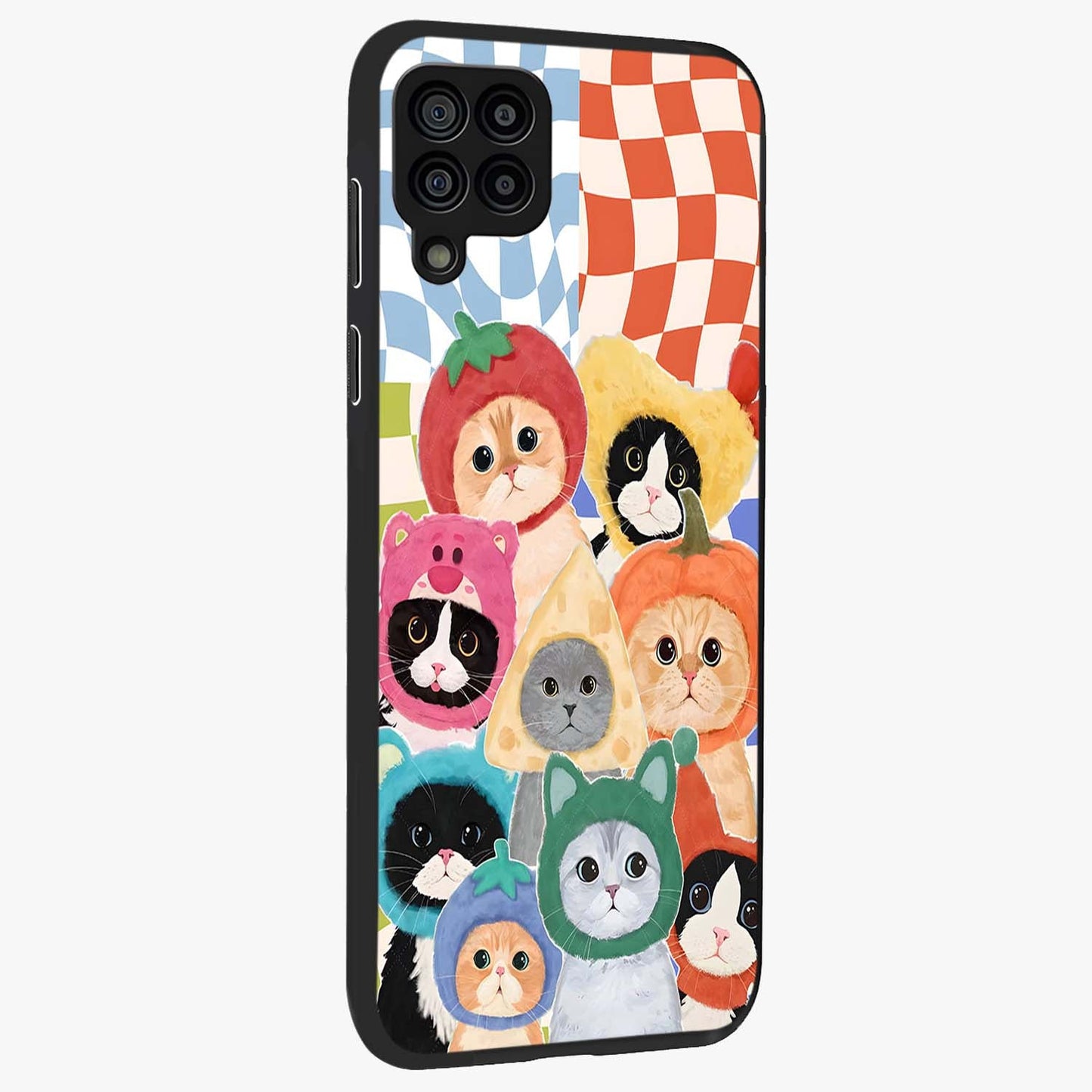 Cats in Fruits Glass Case upright view showcasing charming cat artwork with fun fruity theme.