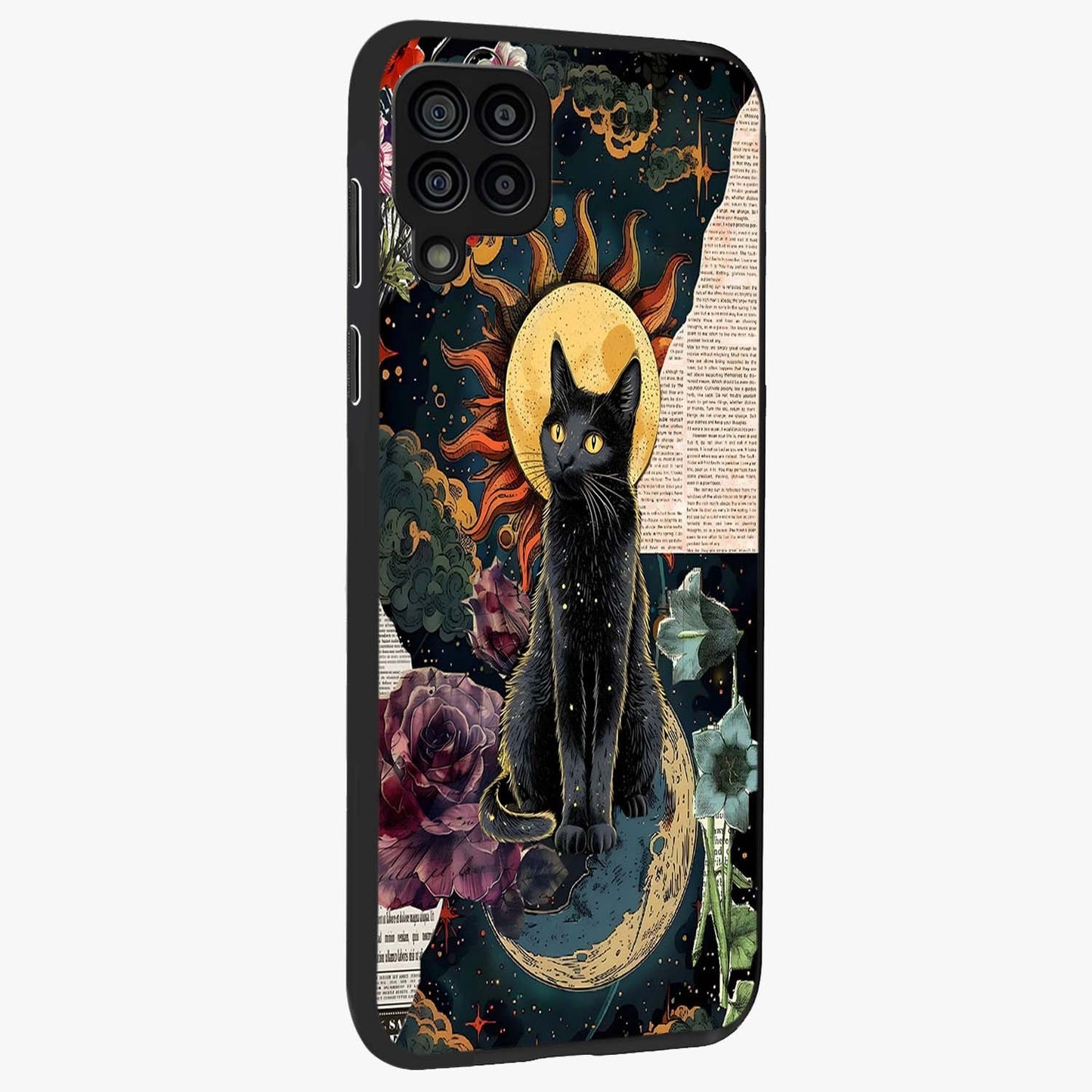 Celestial Black Cat Glass Case upright view showcasing magical black cat illustration with starry cosmic theme.