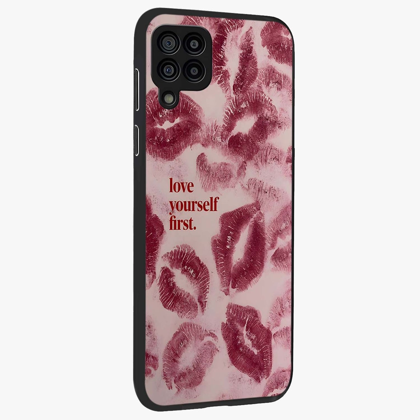 Crimson Kiss Love Glass Case upright view showcasing expressive romantic artwork with deep crimson theme.