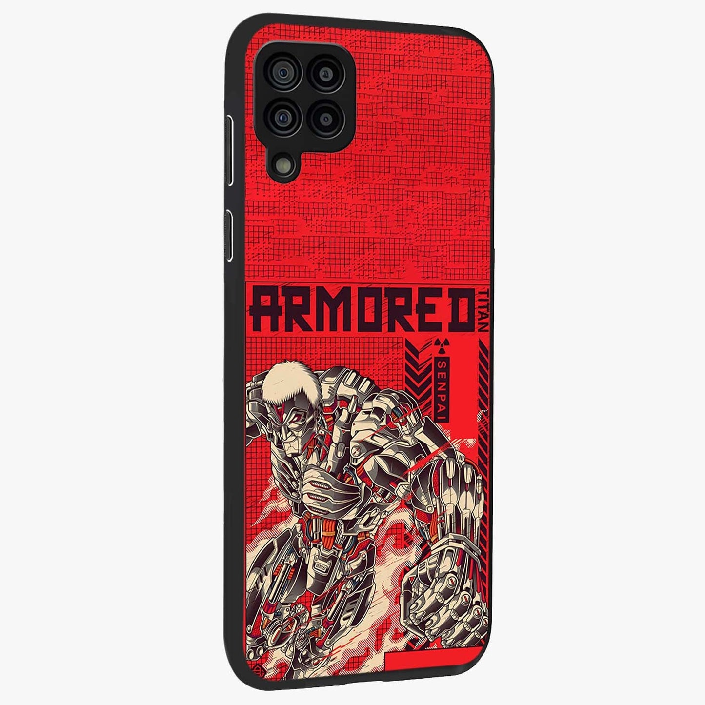 Crimson Mecha Titan Glass Case upright view showcasing dynamic robotic titan design with sci-fi inspired theme.