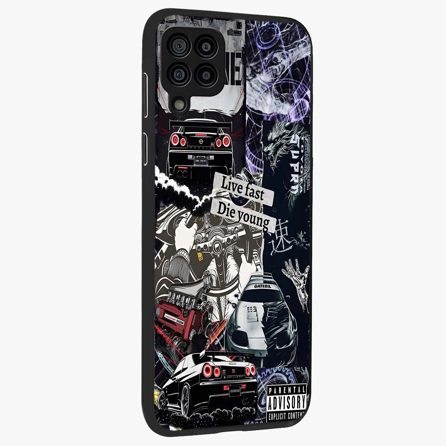 Die Young Glass Case upright view showcasing striking typography artwork with modern statement theme.