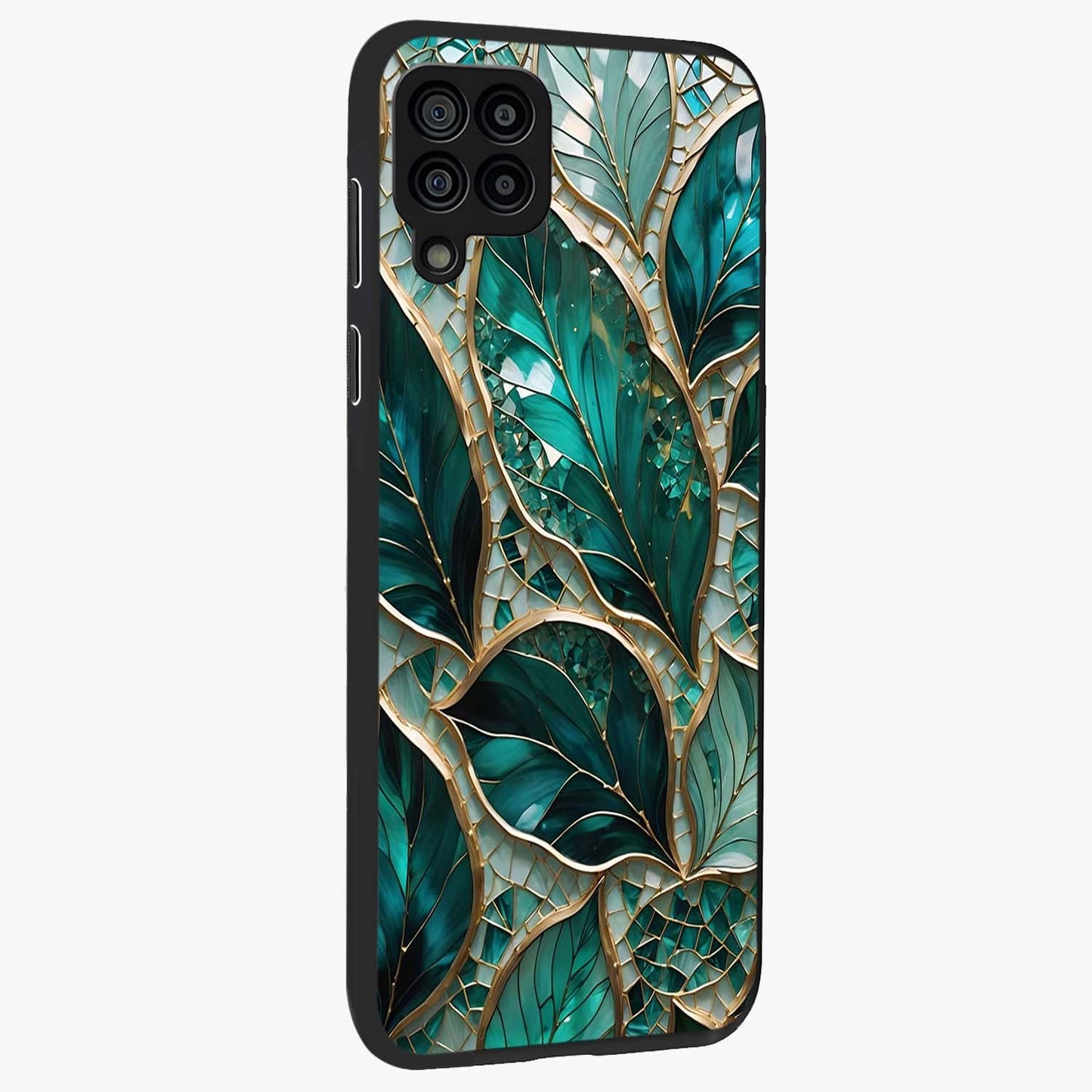 Emerald Leaf Glass Glass Case upright view showcasing fresh green leaf artwork with calming nature inspired style.