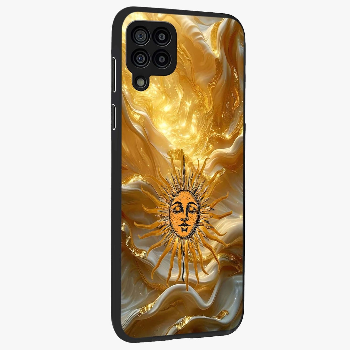 Eternal Golden Glow Glass Case upright view showcasing luminous golden artwork with luxurious visual theme.